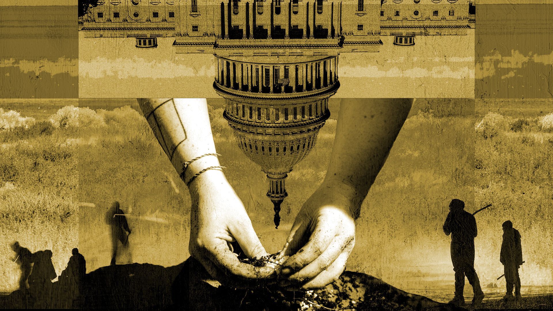 Photo illustration of silhouettes of Yurok fishermen, a member of the Haida/Tlingít nation harvesting traditional plants and the US Capitol building.