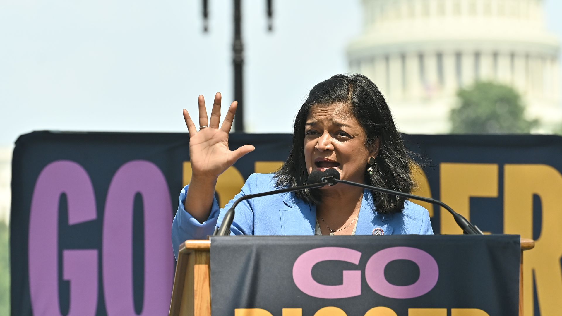 Rep, Pramila Jayapal is seen speaking during a rally in July.