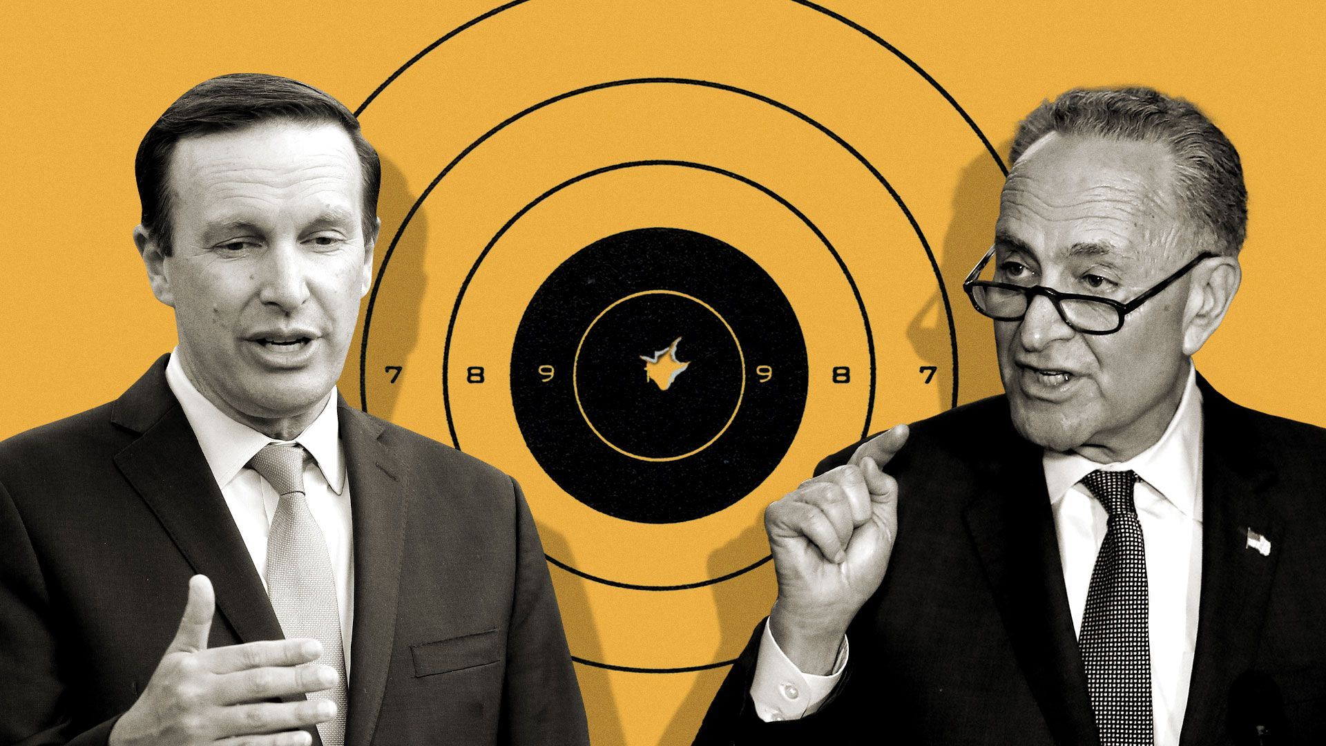 Photo illustration of Senator Chris Murphy and Senate Majority Leader Chuck Schumer on a gun target