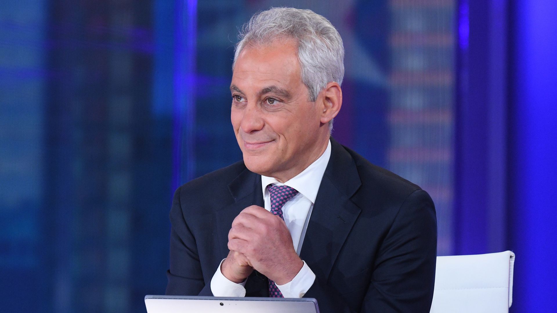 Rahm Emanuel is seen while providing political analysis for ABC News.