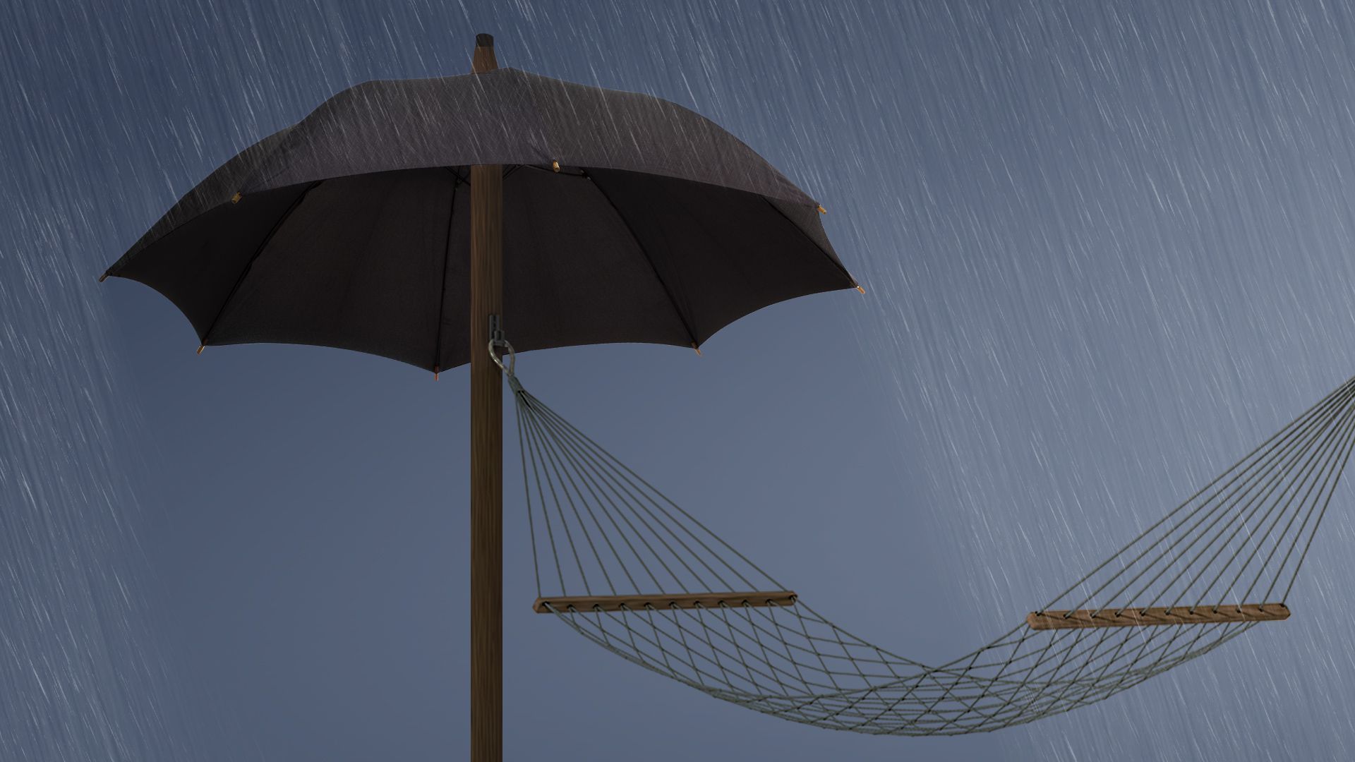 Illustration of a hammock in the rain, shielded by an umbrella.