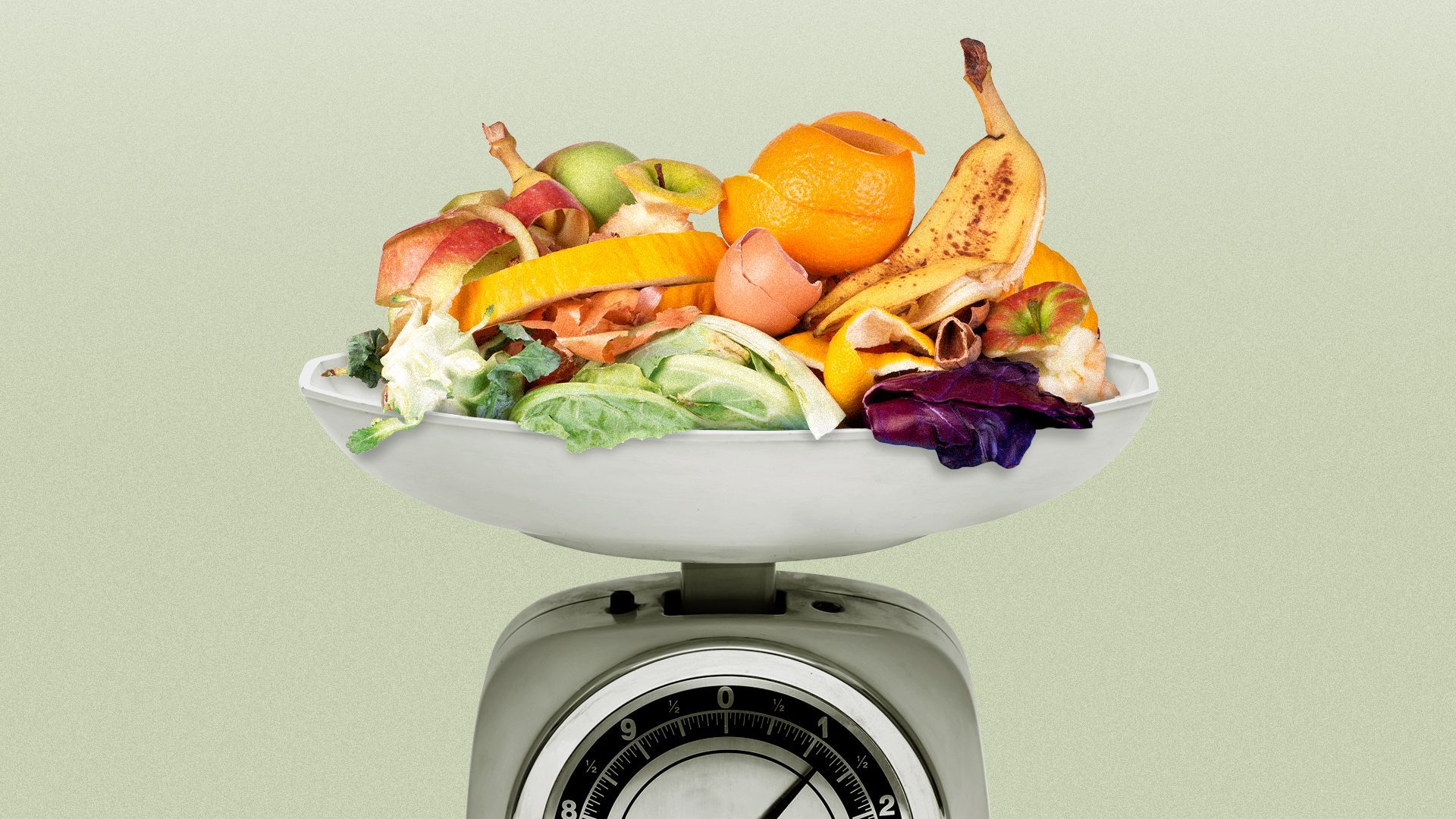 Illustration of food waste piled on a kitchen scale.