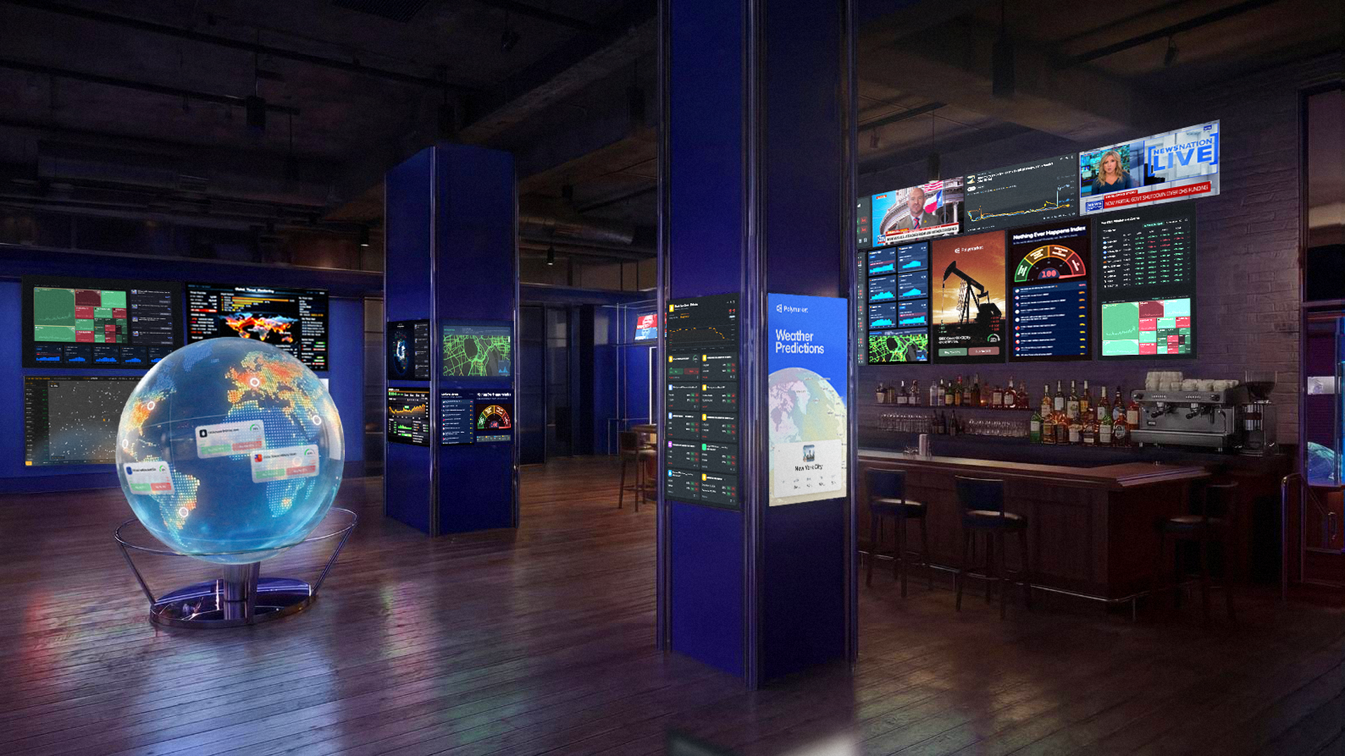 Futuristic control room with blue lighting, wall of screens showing weather, maps, and graphs; a glowing globe on a stand in the foreground; bar area with stools and bottles on the right.