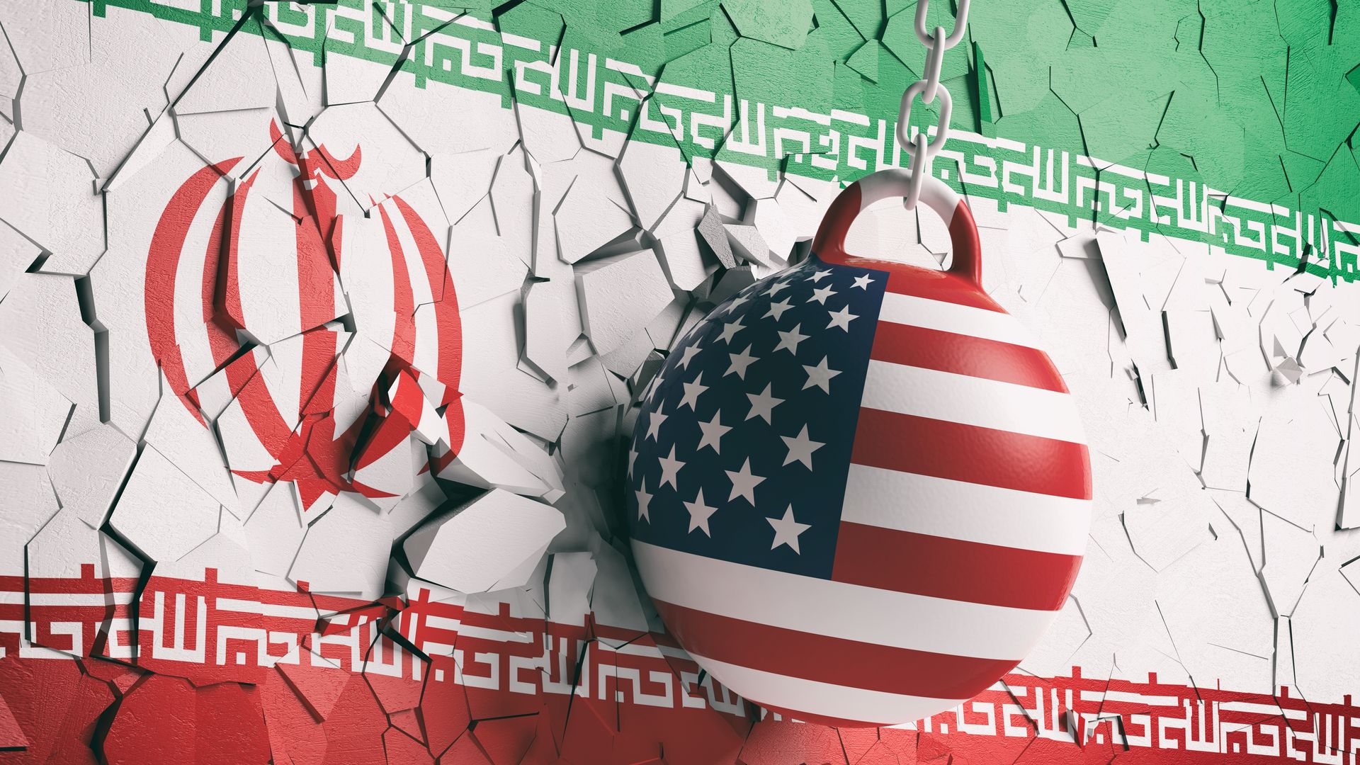USA flag wrecking ball breaking a Iran flag wall. 