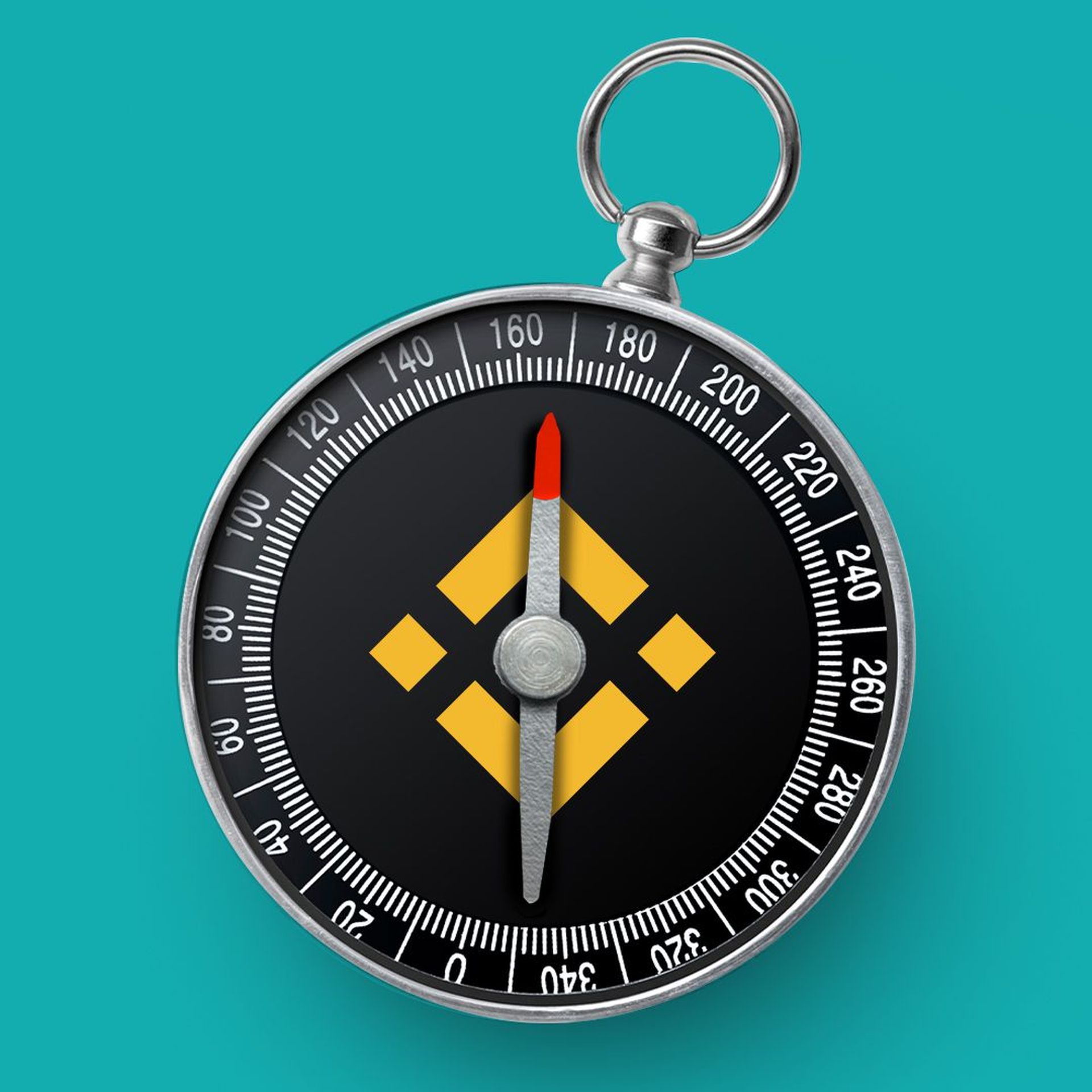 Illustration of the Binance logo on a compass. 