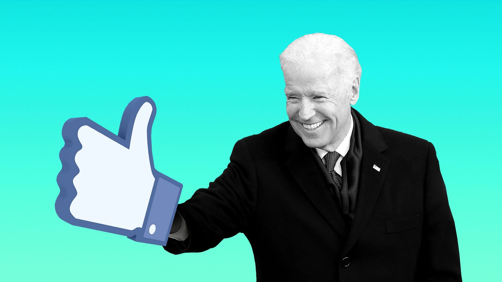 Photo illustration of President Biden with a Facebook thumbs up in place of his hand