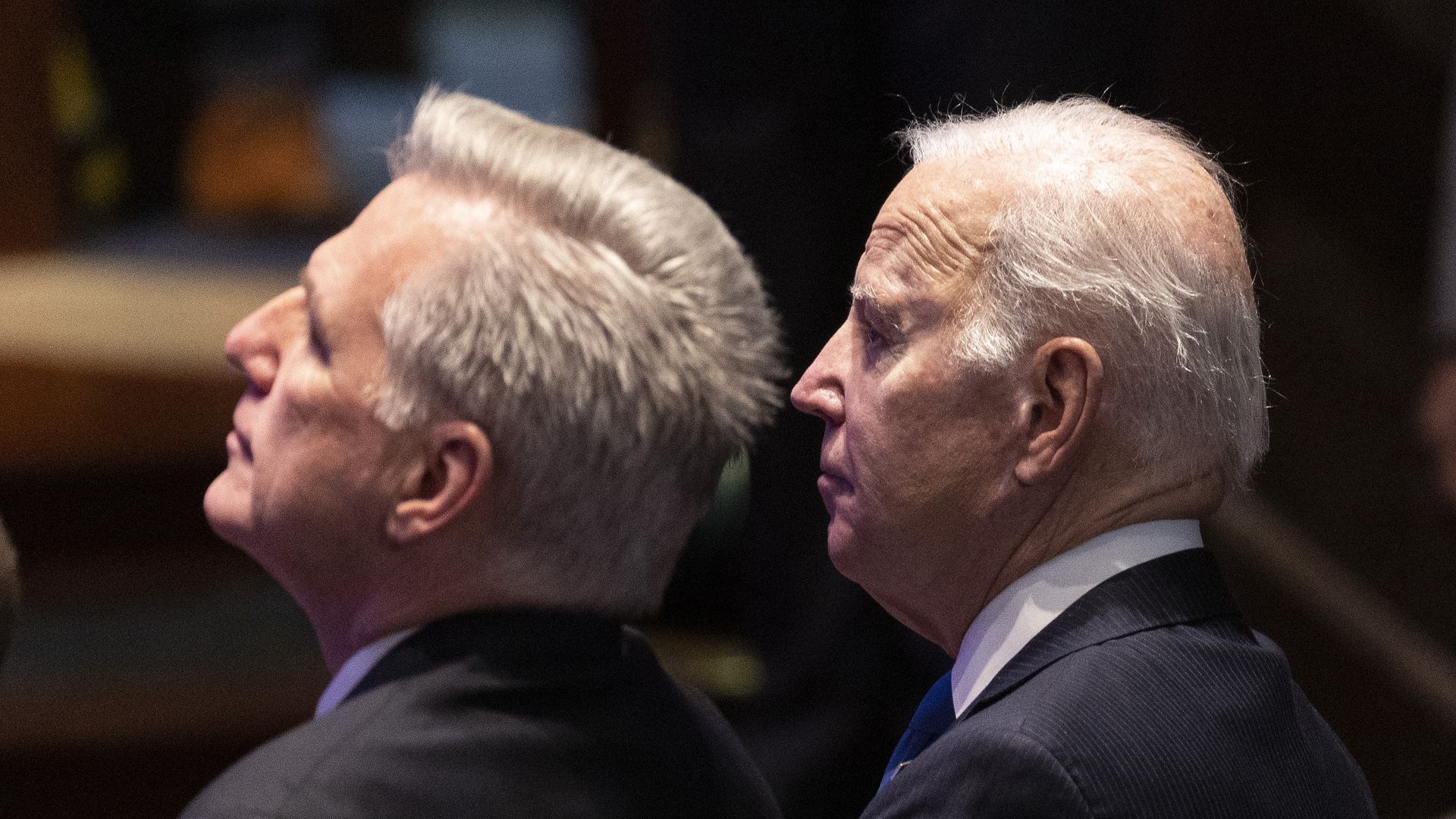 President Joe Biden (R) sits next to Speaker of the House Kevin McCarthy (R-CA) during the National Prayer Breakfast at the U.S. Capitol.