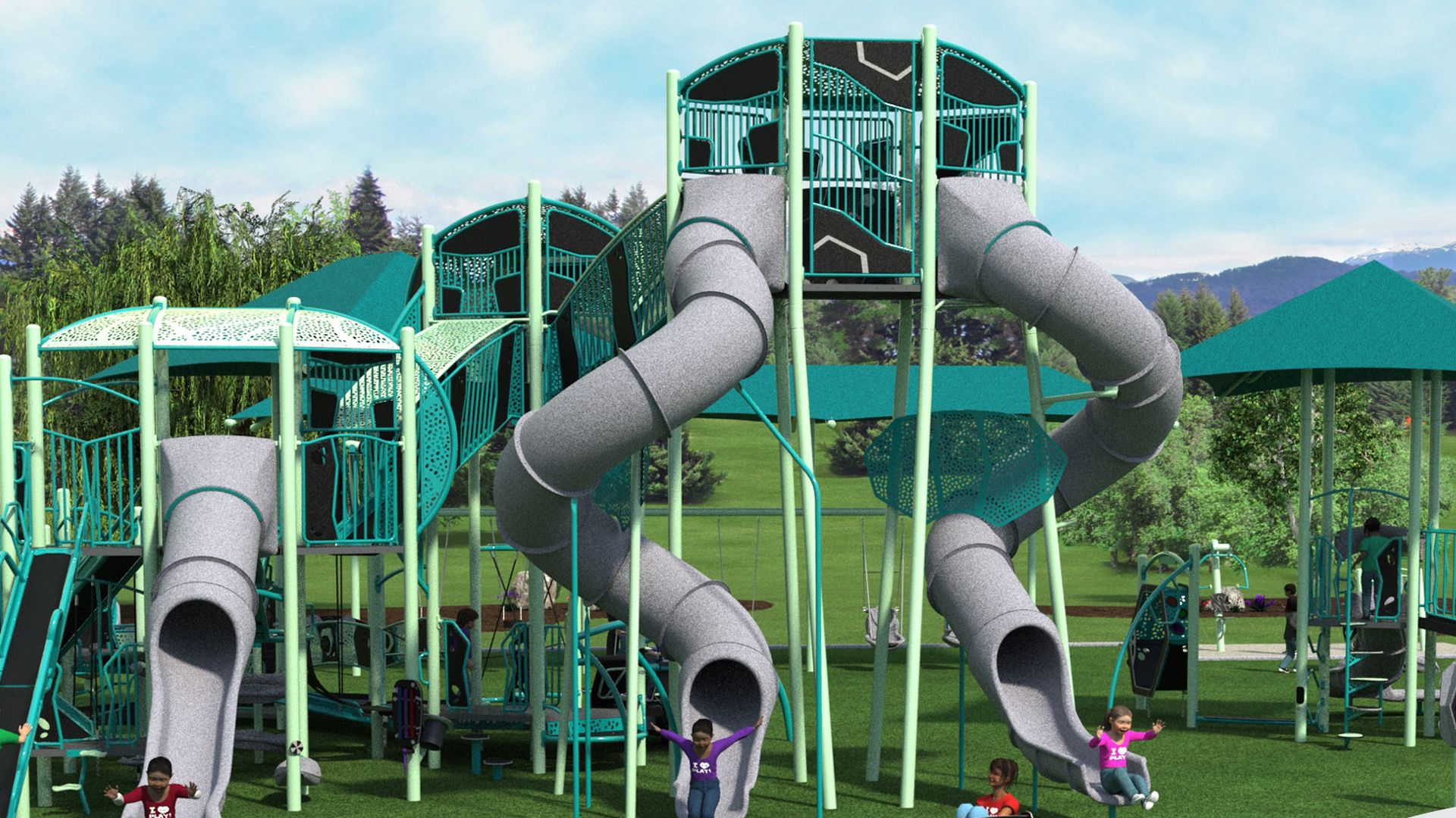 Teal and green playground with tubular slides and climbing towers in a park. Kids play while adults watch; trees and mountains in view. Burke logo and Latta Park Option 1 banner at top.