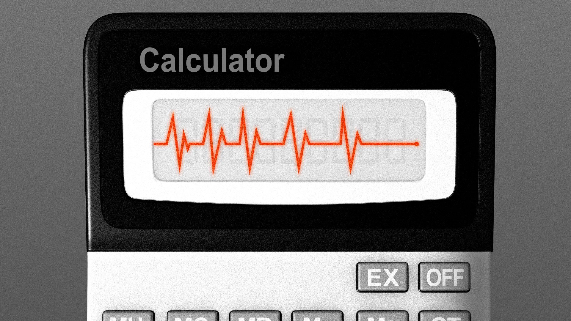 Illustration of a calculator with a flatlining EKG monitor.