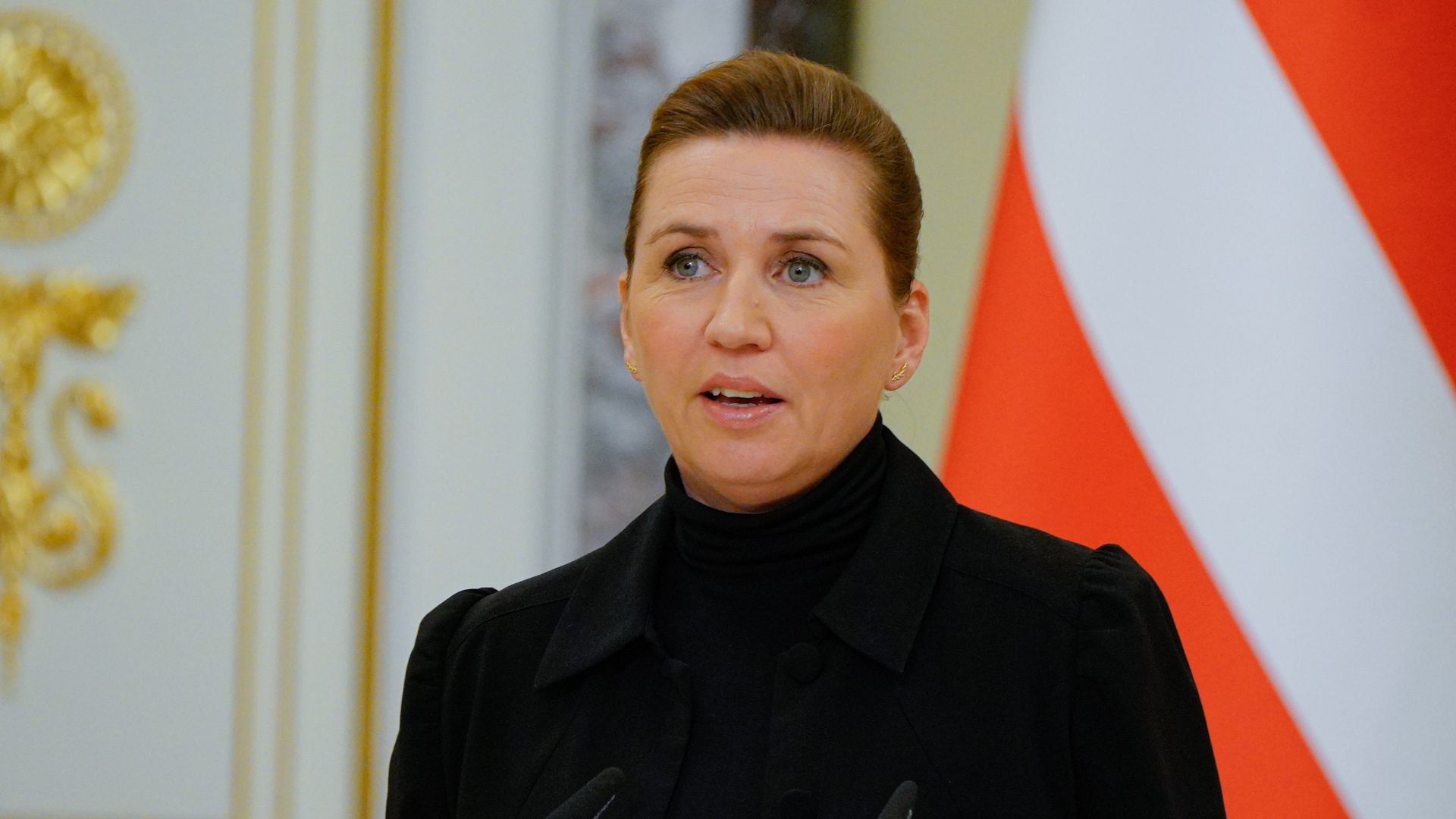 Prime Minister of Denmark Mette Frederiksen speaks during a joint press conference with President of Ukraine Volodymyr Zelenskyy on November 19, 2024 in Kyiv, Ukraine. Prime Minister Mette Frederiksen during a joint briefing with the Ukrainian president Volodymyr Zelenskyy said that Denmark would al