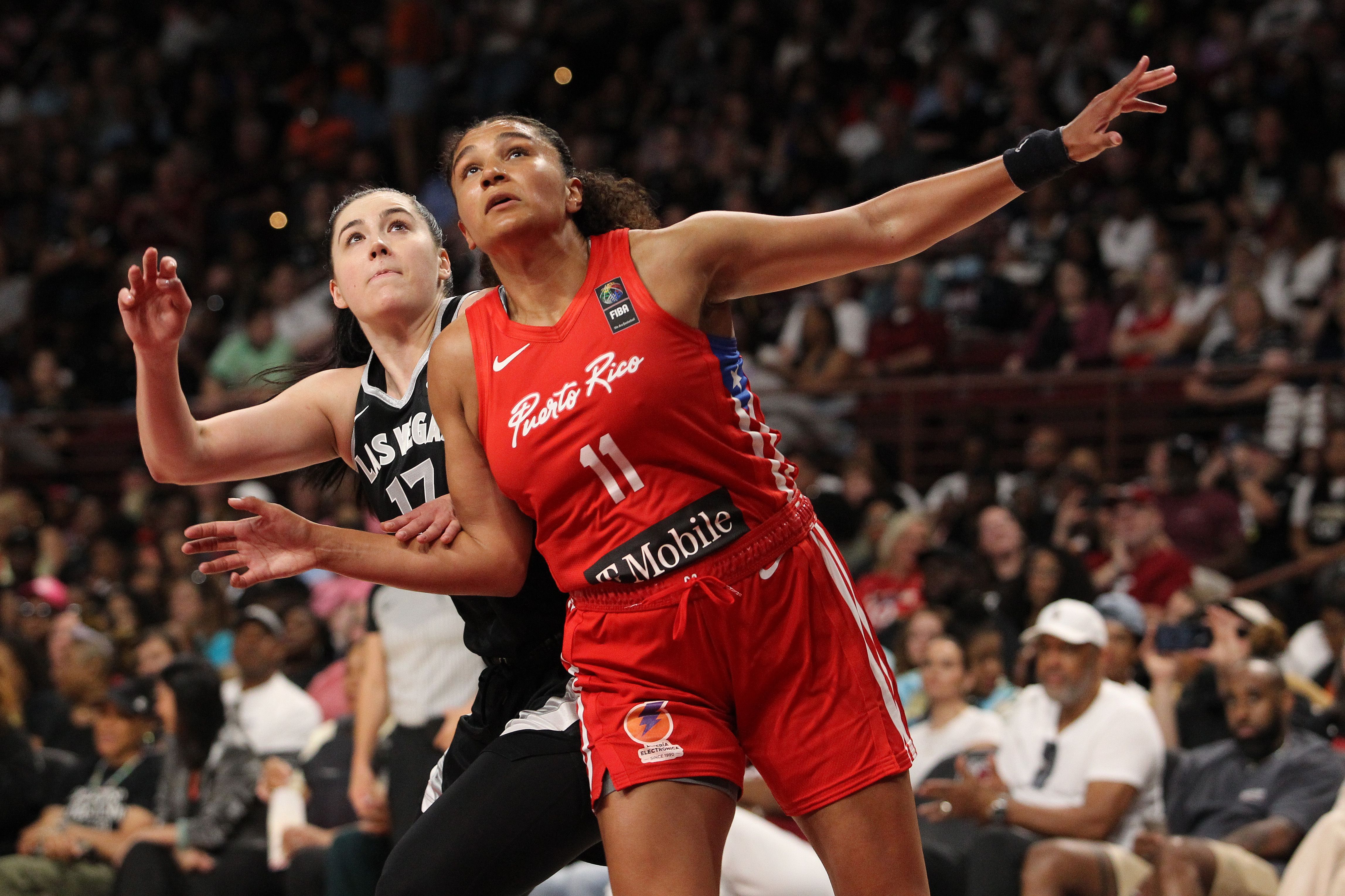 Sofia Roma #11 of the Puerto Rick National Team boxes out during the game against the Las Vegas Aces during the WNBA Preseason Game on May 11, 2024 at Colonial Life Arena in Columbia, South Carolina. NOTE TO USER: User expressly acknowledges and agrees that, by downloading and or using this photogra