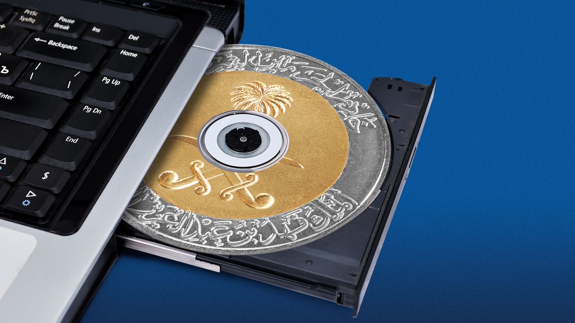 Illustration of a Riyal coin in a CD tray of a gaming laptop. 