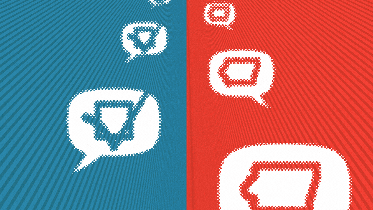 Animated illustration of two lines of word balloons, with the outline of the state of Iowa changing into a checkmark in them, moving into the distance, over a divided red and blue background..