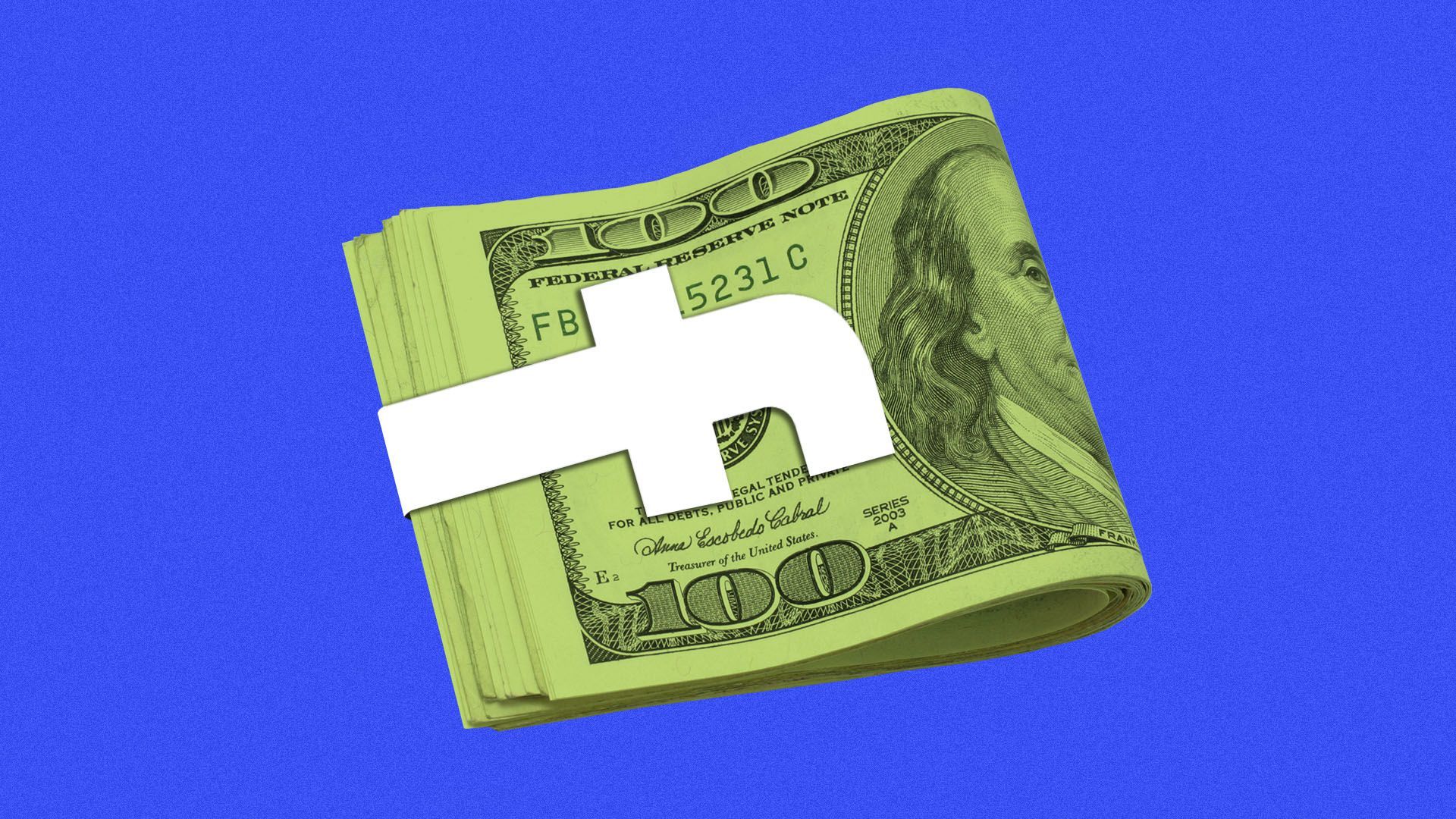 Illustration of a collection of 100 dollar bills with money clip shaped like the facebook logo