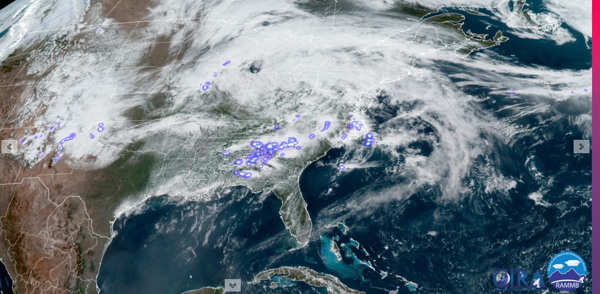 Satellite image of the southeastern U.S. on May 3, with satellite-detected lightning strikes included in purple. (CIRA/RAMMB)