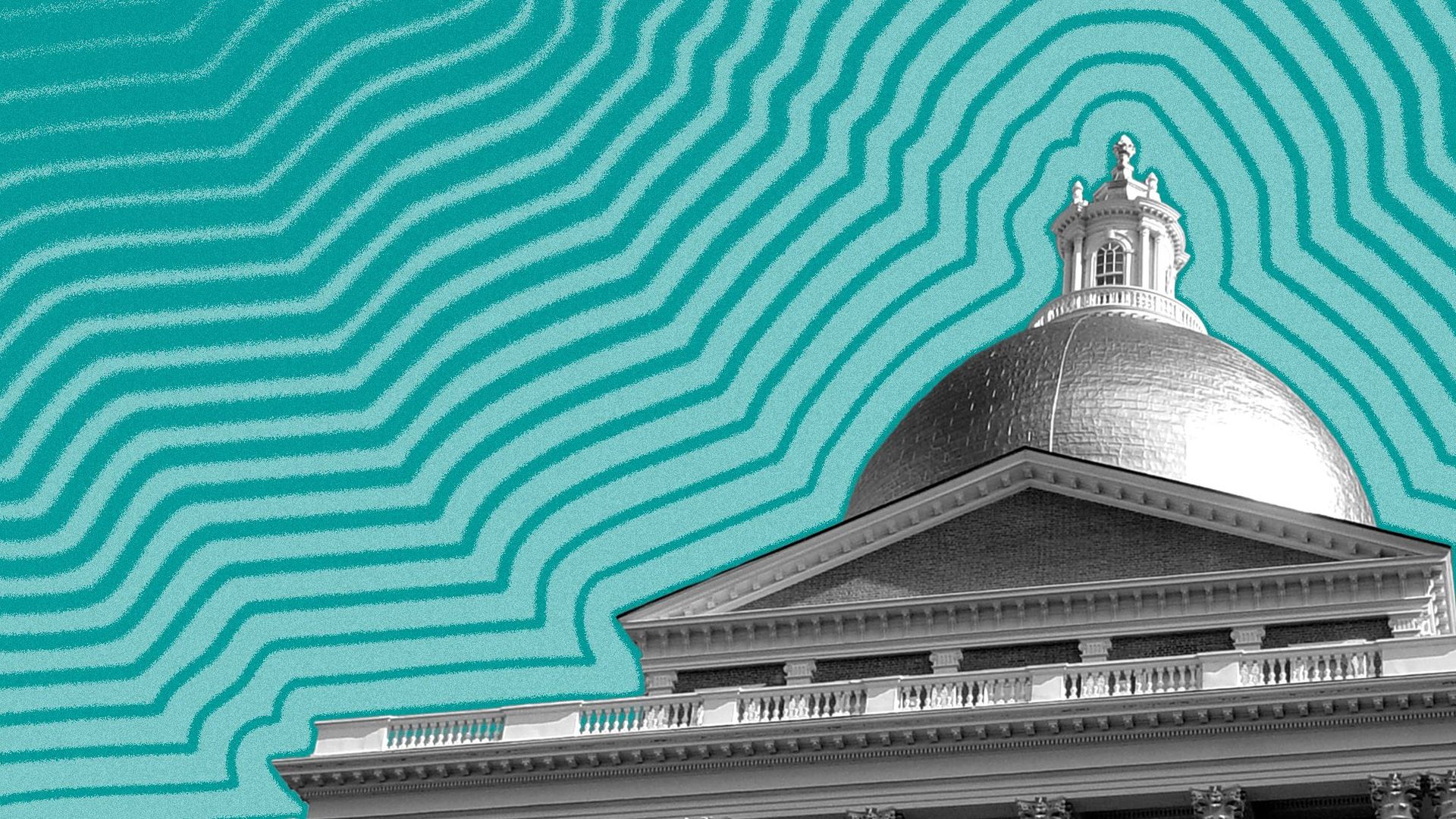 Illustration of the Massachusetts State House with lines radiating from it. 