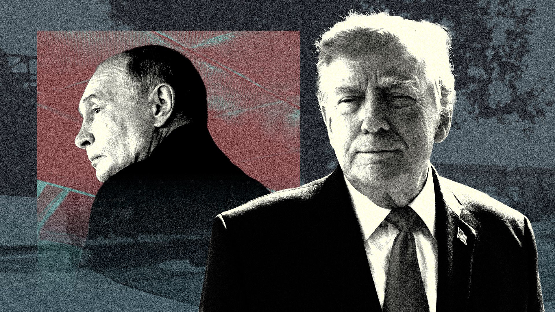 Photo illustration of a collage featuring Donald Trump, looking over his shoulder at an inset photo of Vladimir Putin, who is looking back toward Trump.