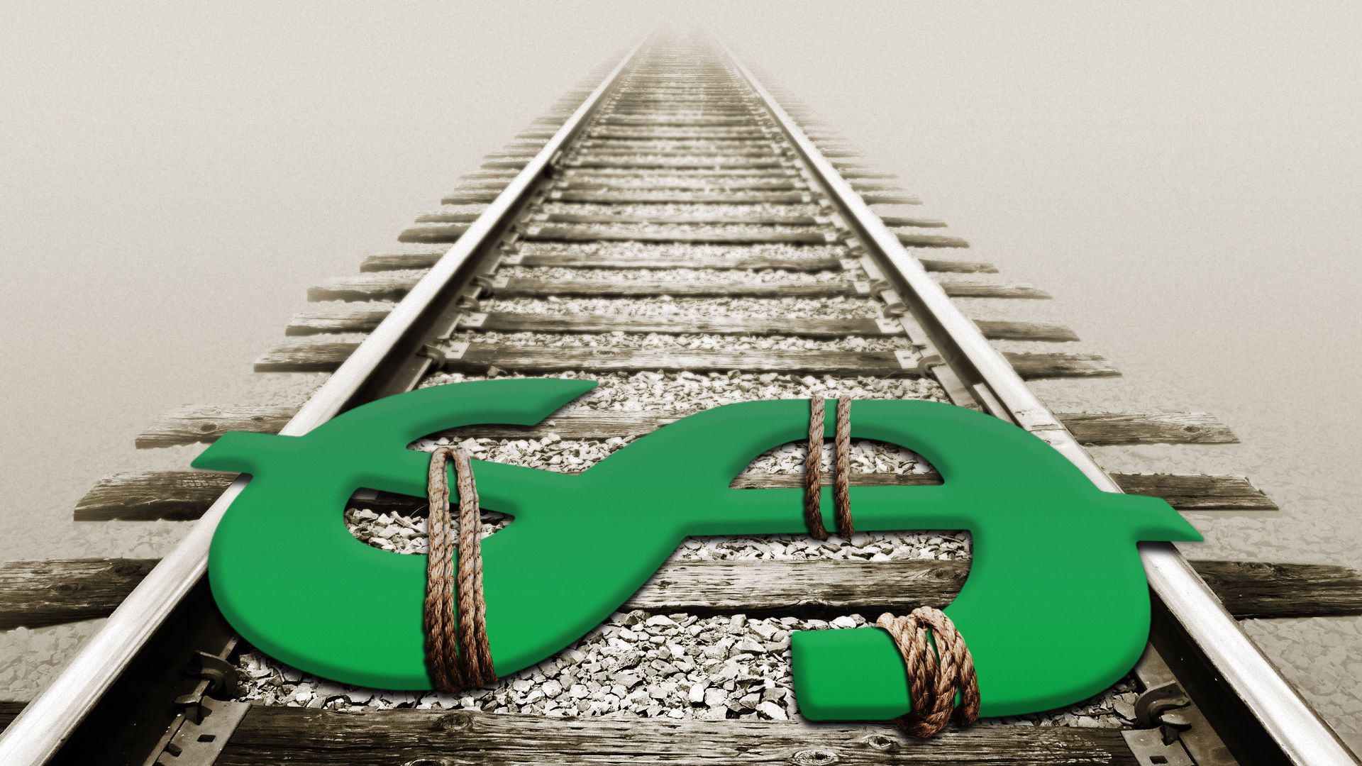 Illustration of a dollar sign tied with rope on train tracks.