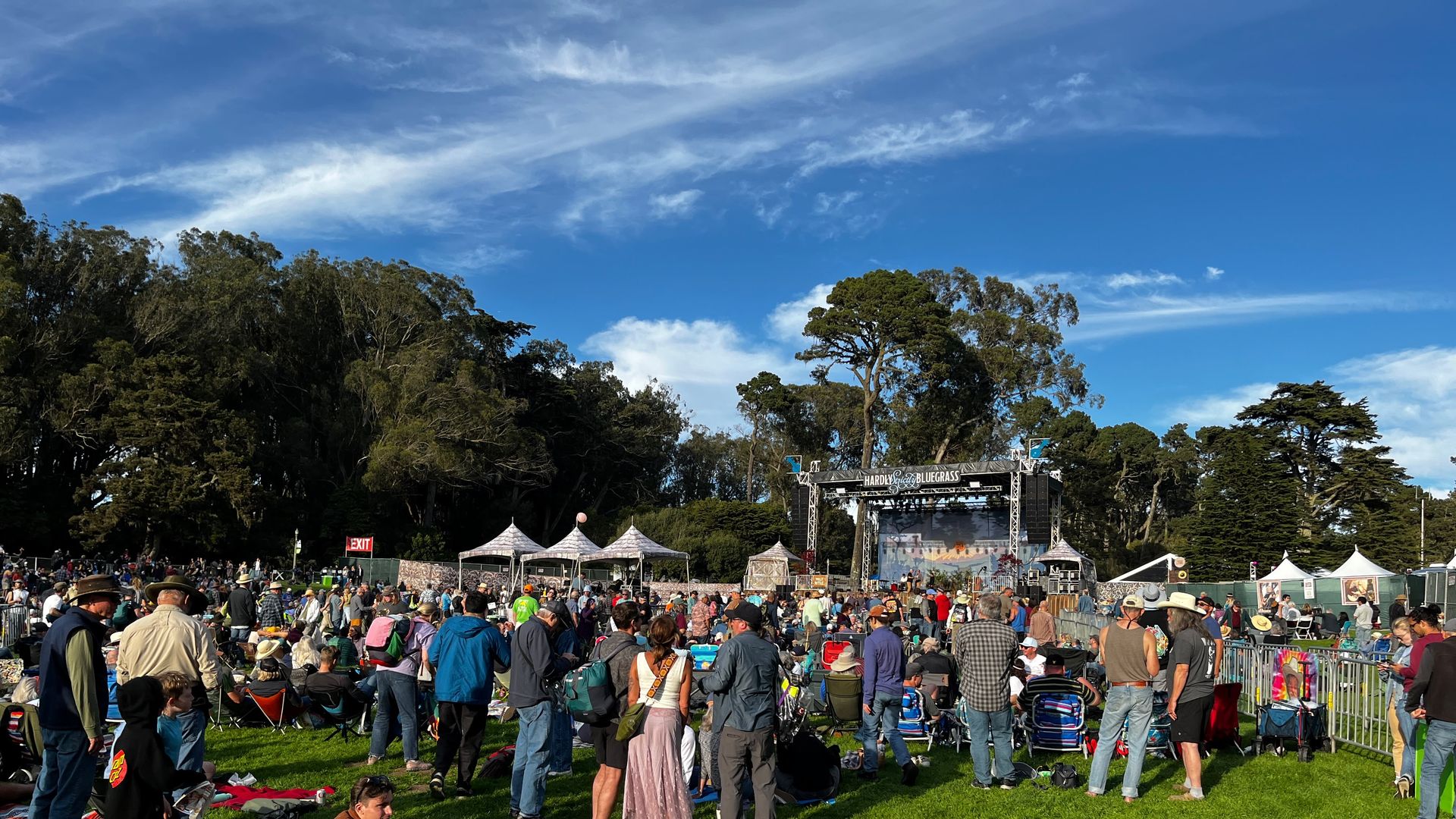 Sunny outdoor music festival in a grassy park. A large crowd gathers near a stage with a banner, white tents, and trees, under a bright blue sky with wispy clouds.
