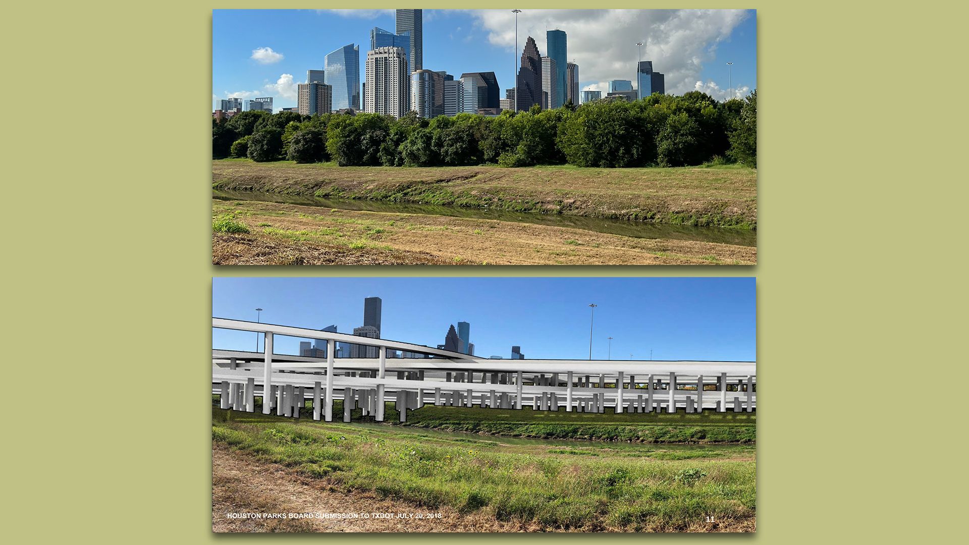 The view of downtown Houston from White Oak Bayou before and after construction of the NHHIP