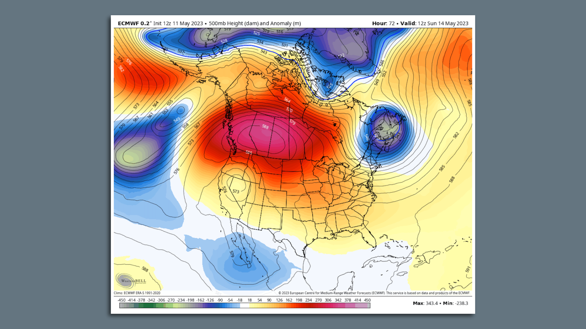 Map showing an unusually intense area of high pressure aloft over the Pacific Northwest and parts of Canada on Sunday, May 14.