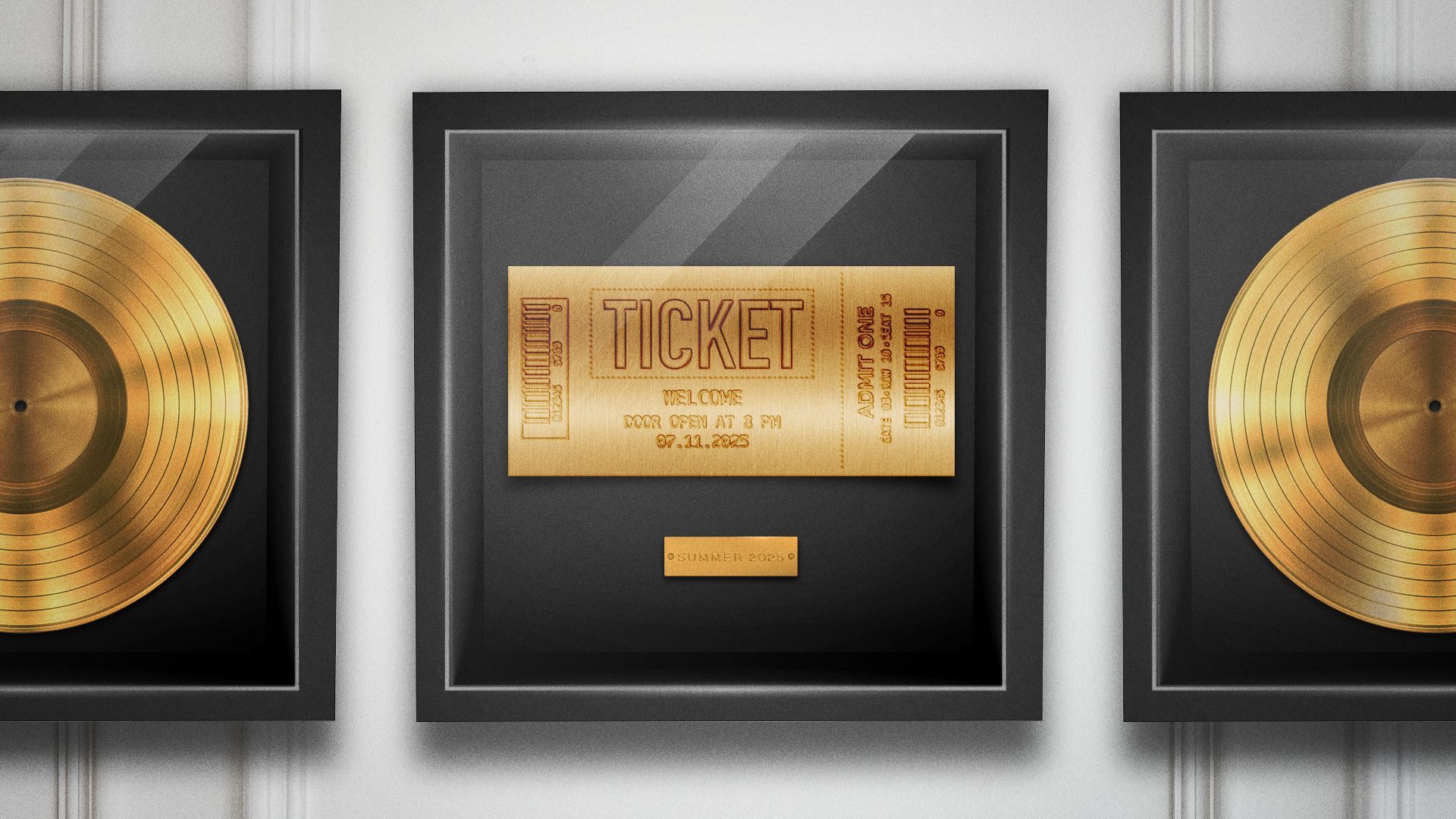 Illustration of a gold ticket inside a frame next to gold records. 