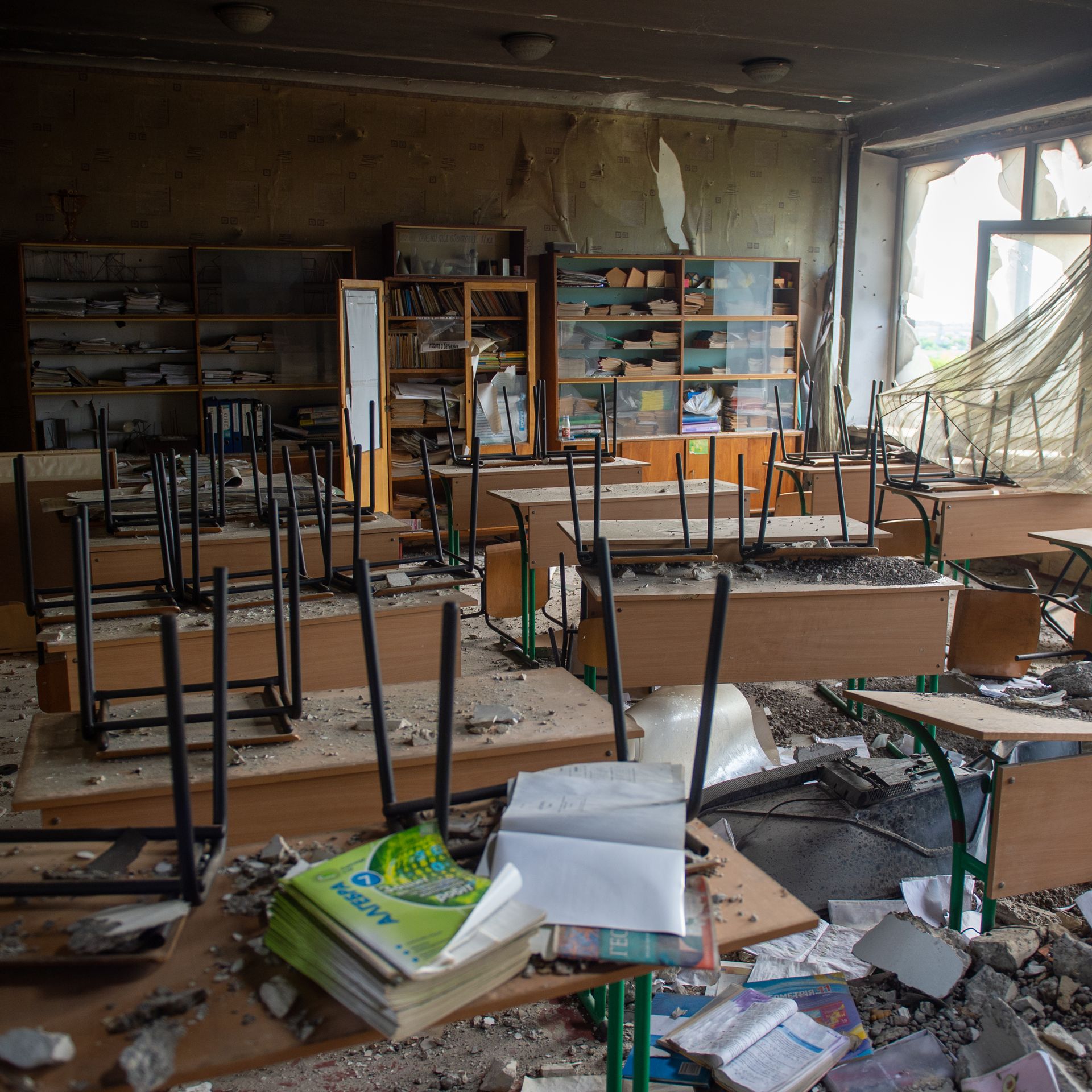 A view of school destroyed after the Russian attacks in the village of Vilhivka, Kharkiv region, Ukraine on May 25, 2022.