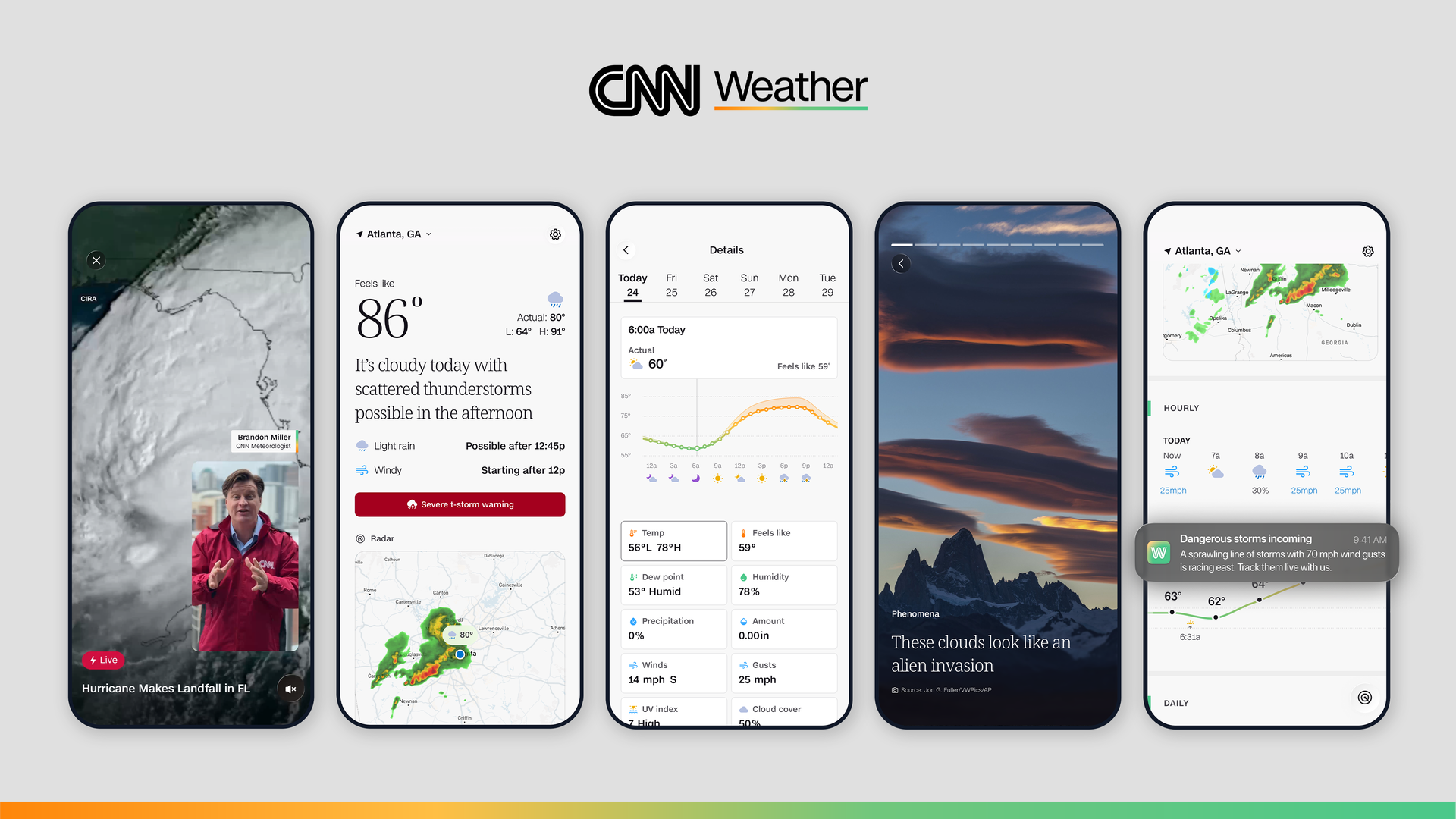 Five rounded smartphones on a gray background with a centered CNN Weather logo above; screens display weather forecasts, radar maps, and a hurricane alert.
