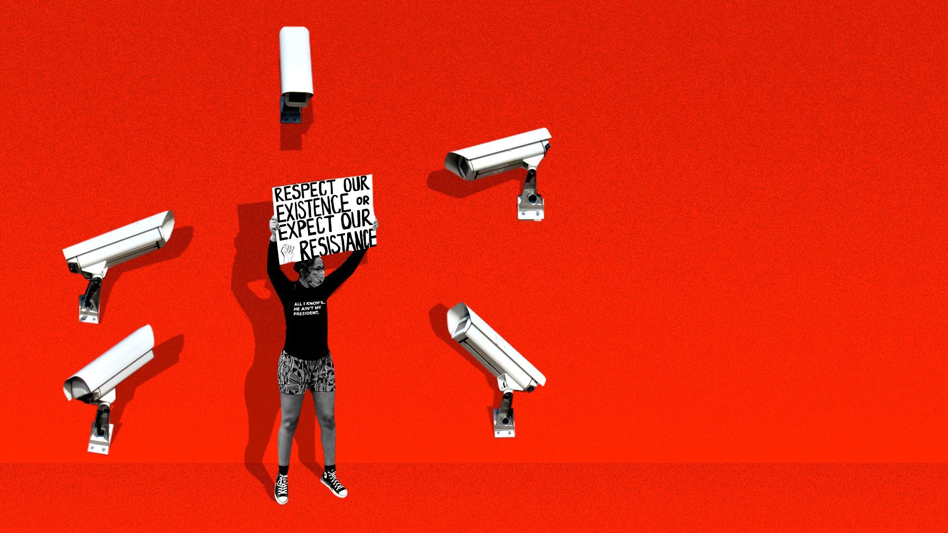 Illustration of surveillance cameras surrounding a protester. 