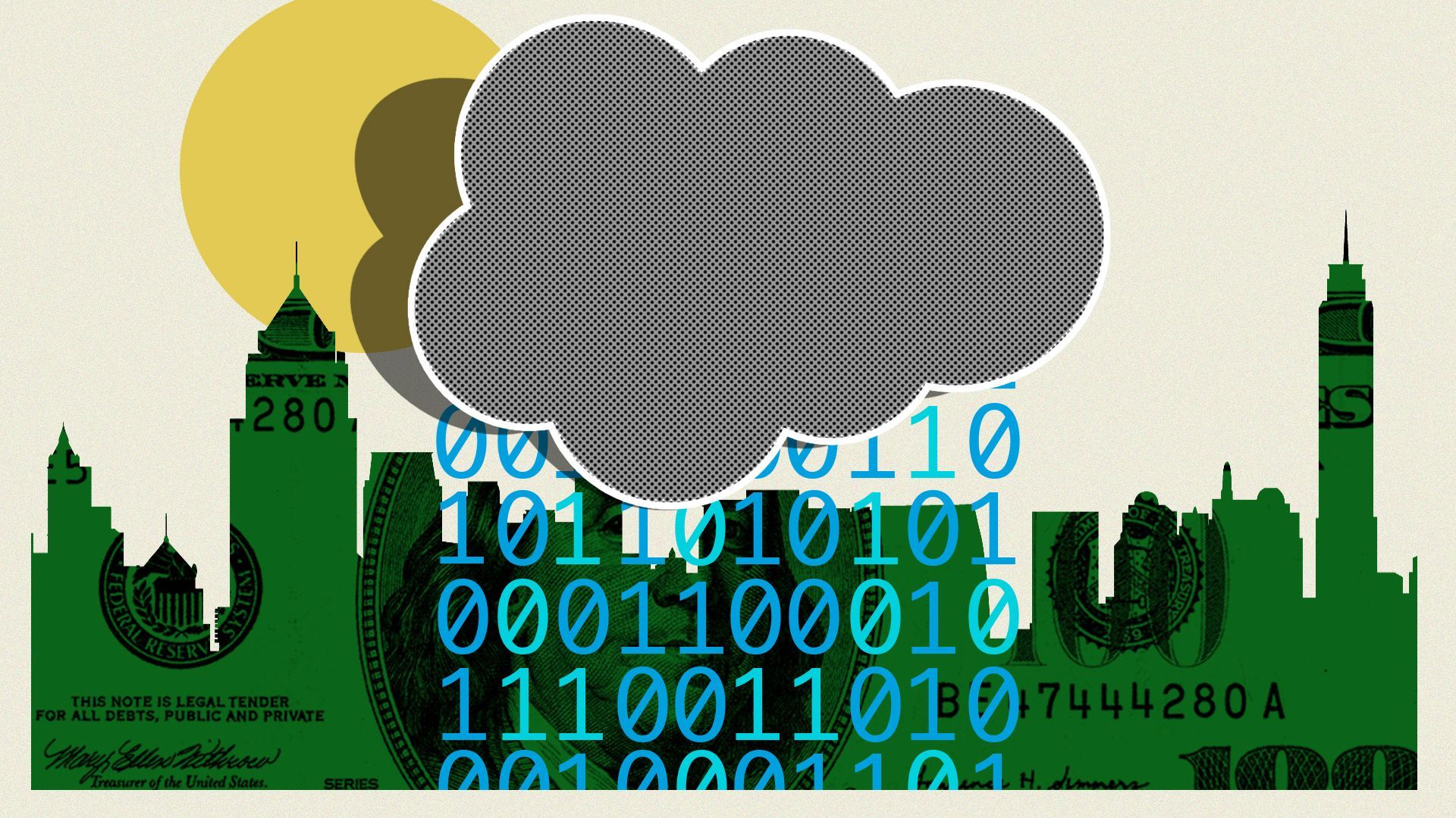 Illustration of the salesforce logo as a cloud raining binary code over a dollar-bill cityscape