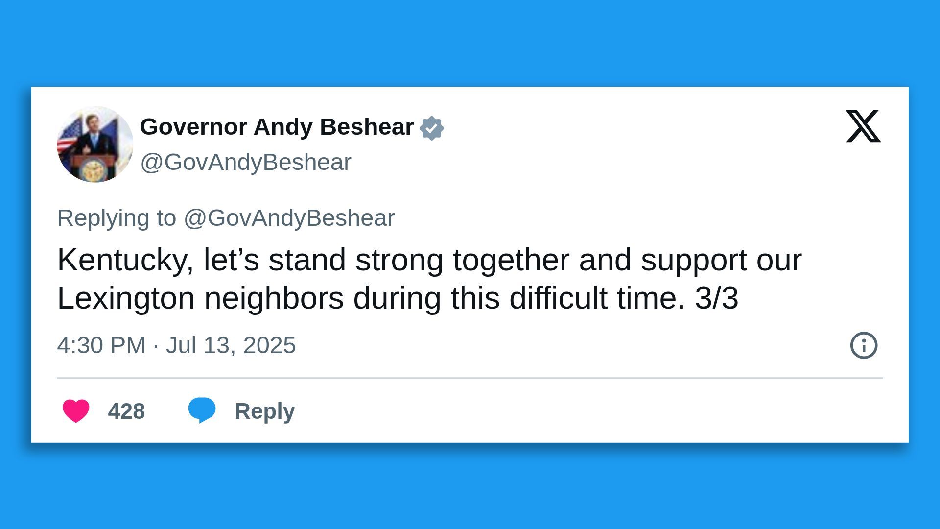 A screenshot of a tweet by Kentucky's governor, saying: "Kentucky, let's stand strong together and support our Lexington neighbors during this difficult time."