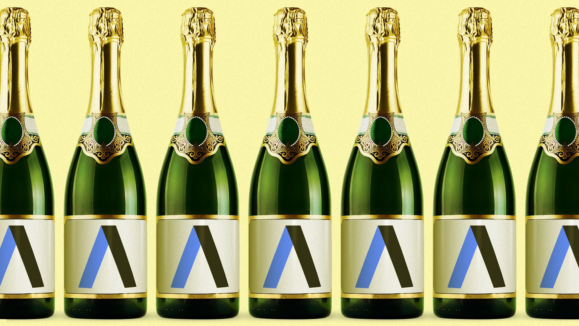 Illustration of a line of champagne bottles with the Axios logo
