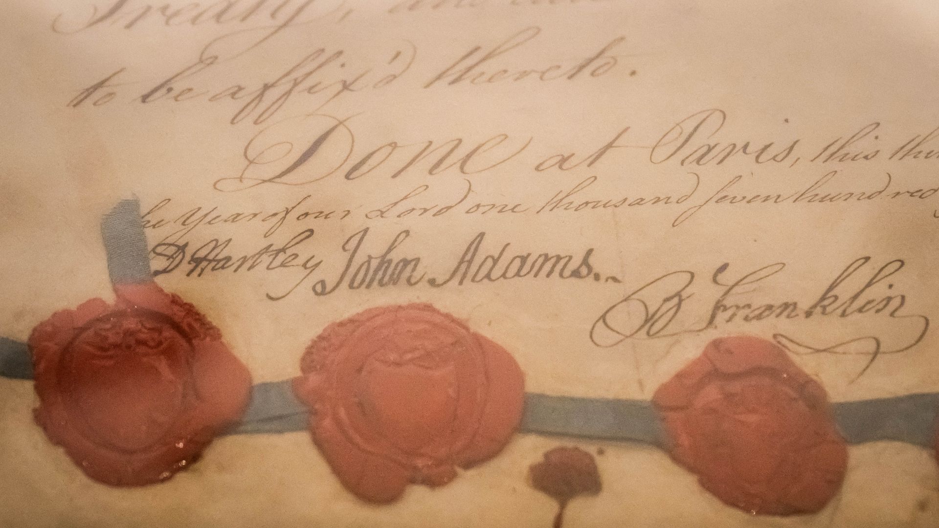 Signatures from America's founding fathers on the Treaty of Paris