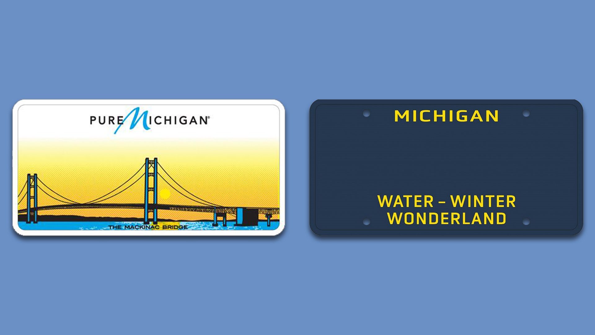 Michigan's Water-Winter Wonderland license plate, right, alongside the Mackinac Bridge plate.