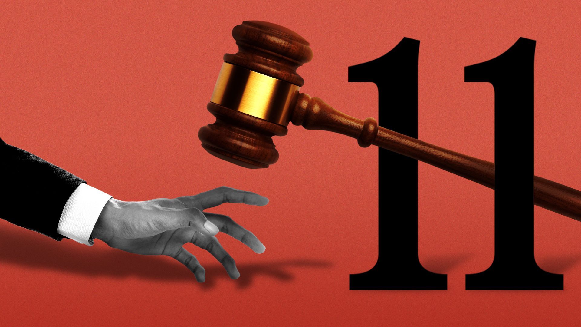Illustration of a gavel about to come down on a hand that is reaching for a large number eleven.