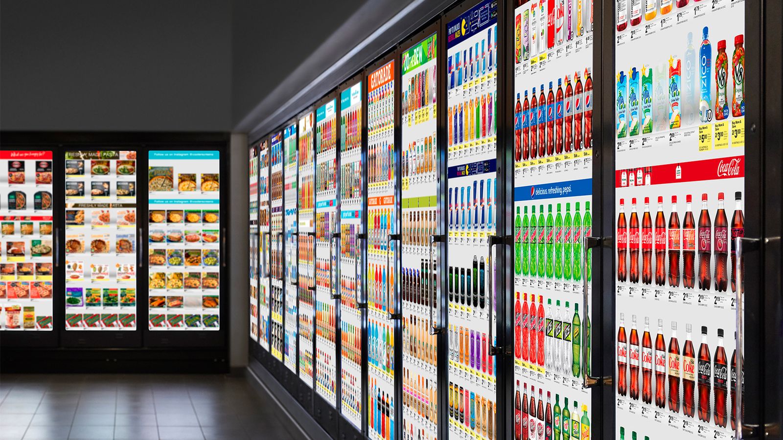 Walgreens' refrigerated coolers have giant digital billboards