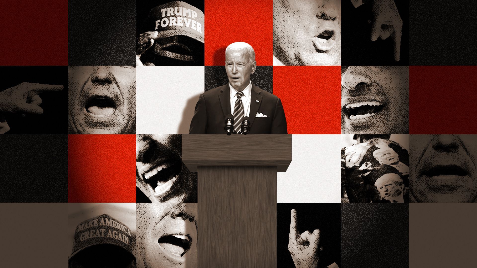 Photo illustration of President Joe Biden standing at a podium in front of a grid of images and colored squares showing various photos of Trump rallies, Donald Trump, Ron DeSantis and Vivek Ramaswamy.