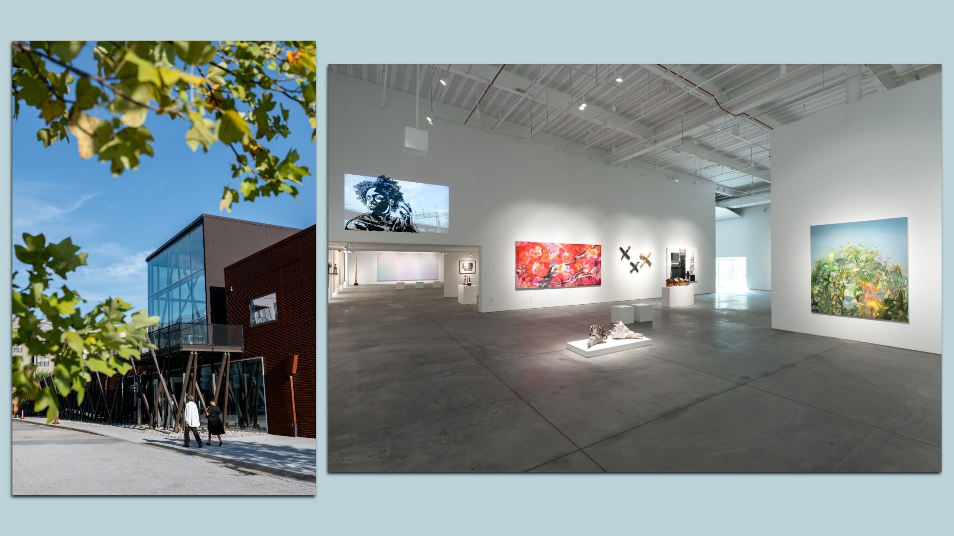 Two-panel image: left shows a modern glass-front building with brown accents, framed by green leaves and a blue sky; right shows a bright white gallery interior with colorful paintings and a concrete floor.