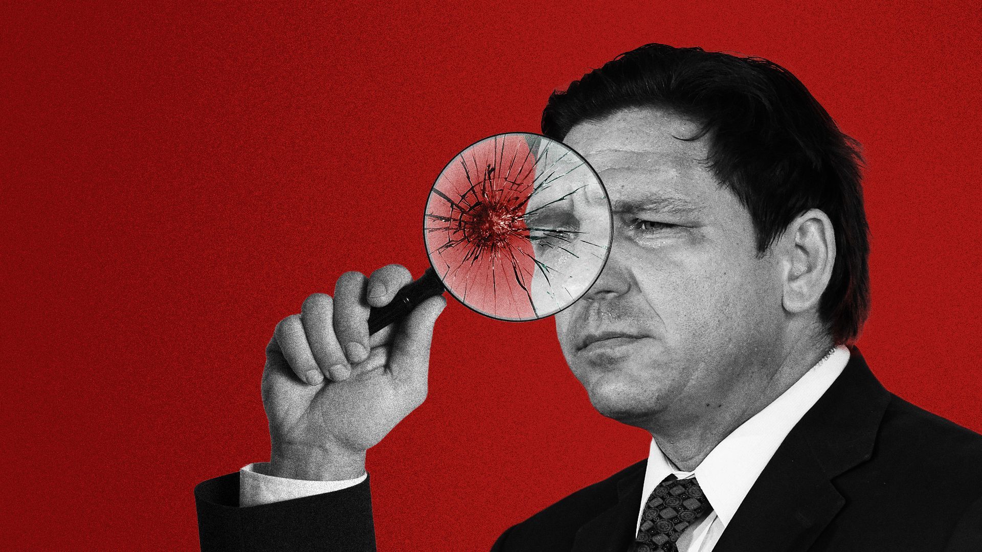 Illustration of Ron DeSantis looking through a broken magnifying glass.