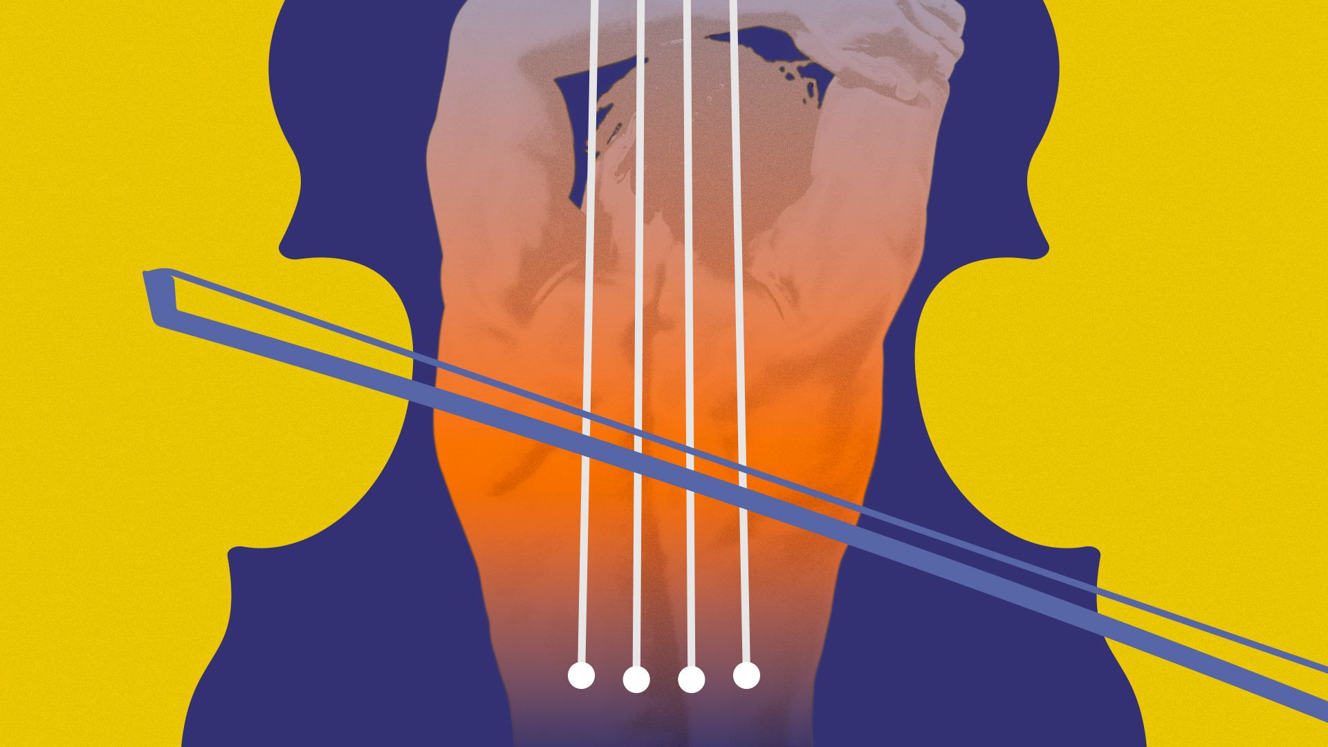 Illustration of a man stretching inside a violin shape overlaid with strings and a bow.