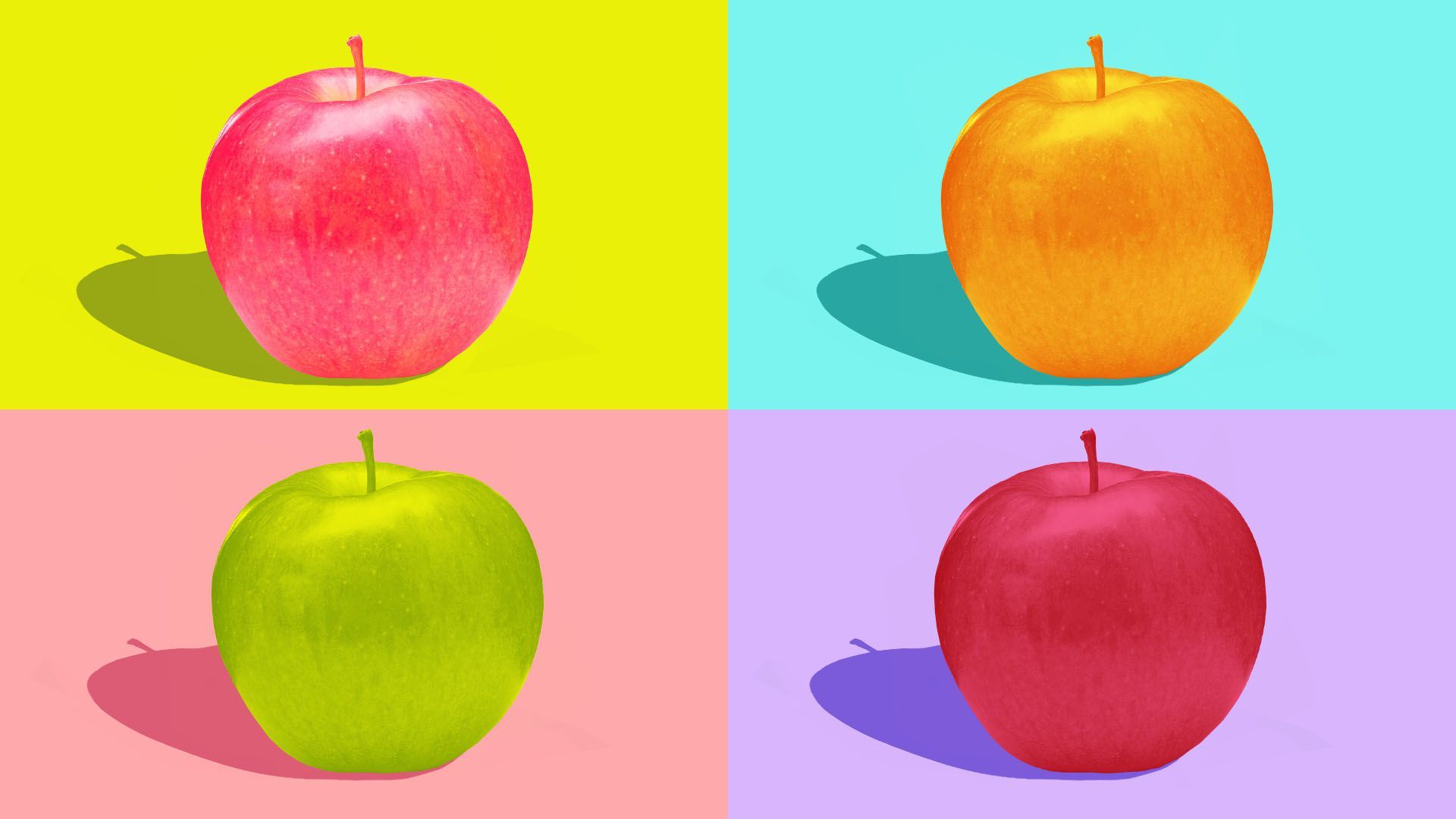 Illustration of four different colored apples on different backgrounds
