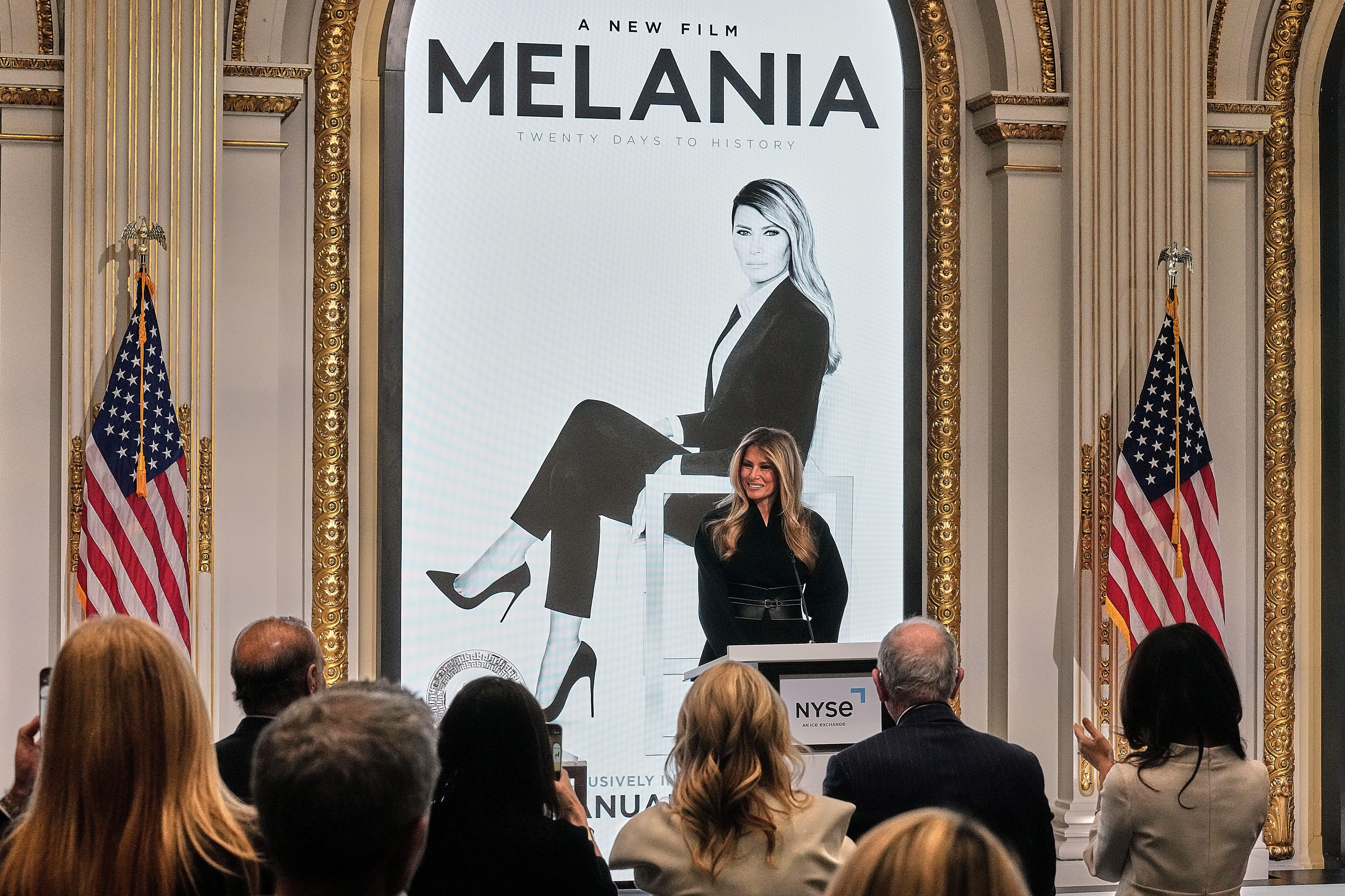  First Lady Melania Trump speaks yesterday in the New York Stock Exchange board room before ringing the opening bell.
