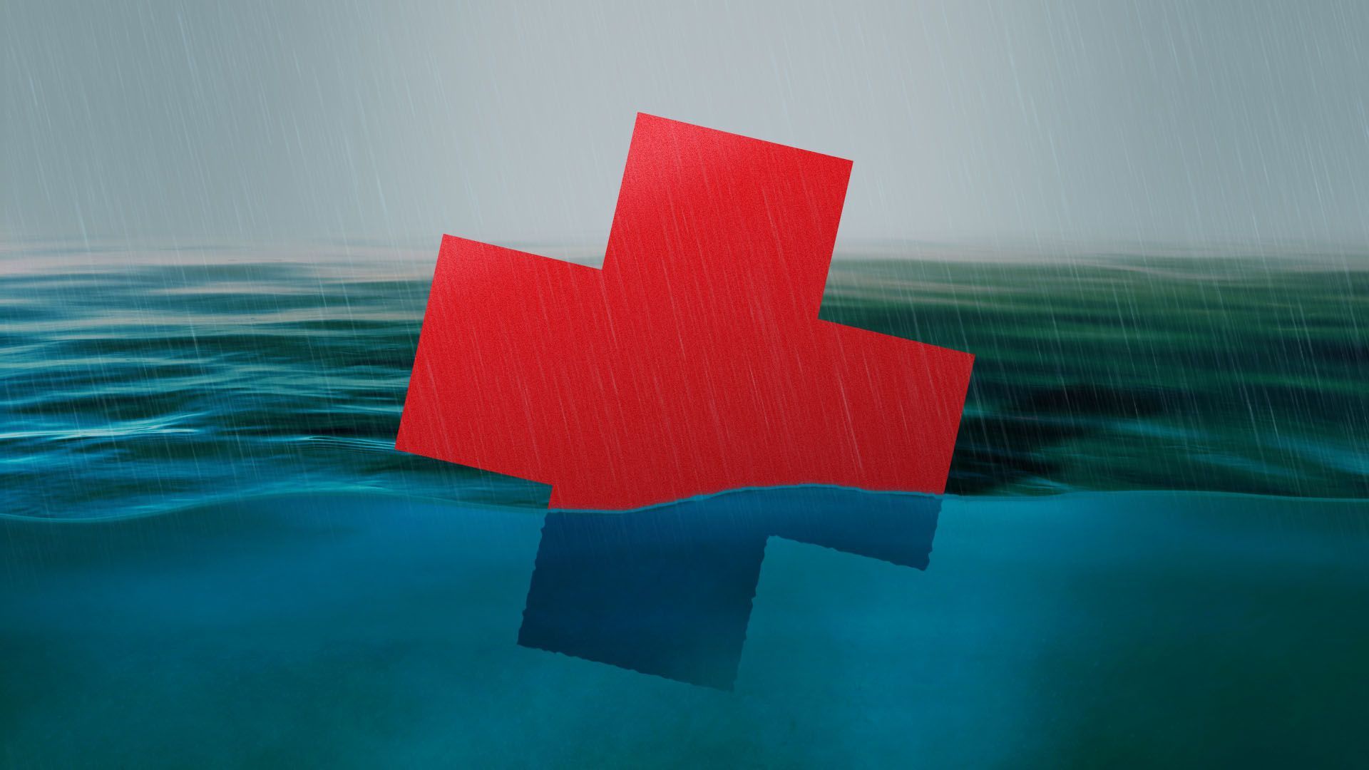 Illustration of a red cross floating in water in a downpour