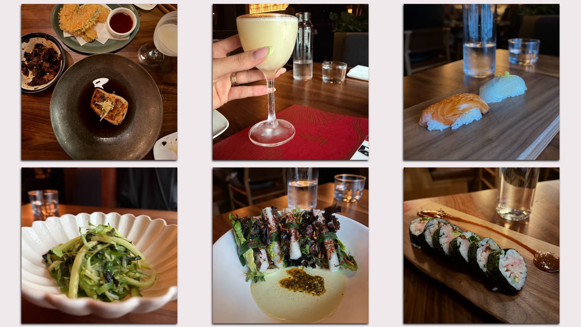 Six-dish collage: top left dark plate with fish, top middle pale cocktail, top right nigiri on wood, bottom left shell bowl of greens, bottom middle mixed greens salad, bottom right sushi roll with soy.