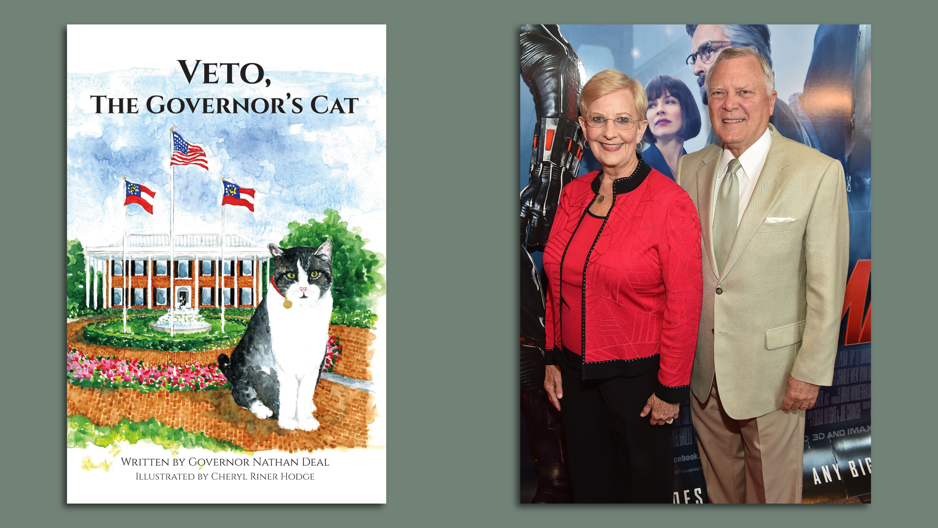 Side by side photo of a children's book cover called "Veto, the Governor's Cat" featuring a cat in front of a governor's mansion and a man and woman at a Hollywood film premiere