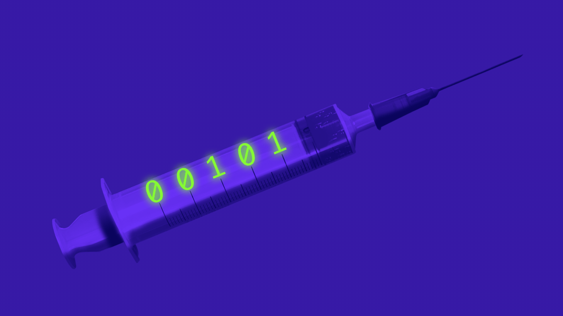 Animated gif of a syringe with glowing cycling binary code