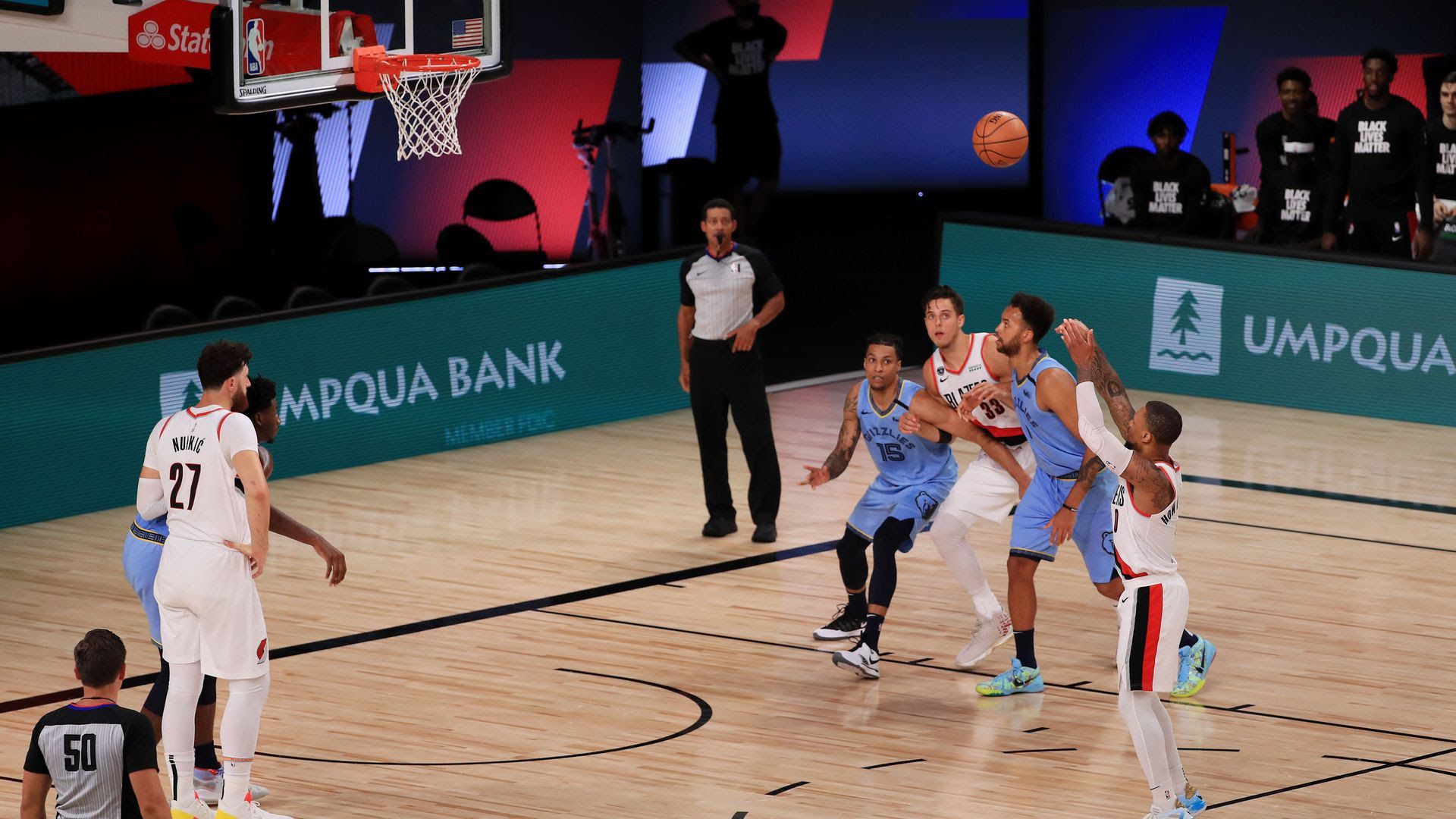 Damian Lillard shoots a free throw during one of the NBA's restart games. Photo: Mike Ehrmann/Getty Images