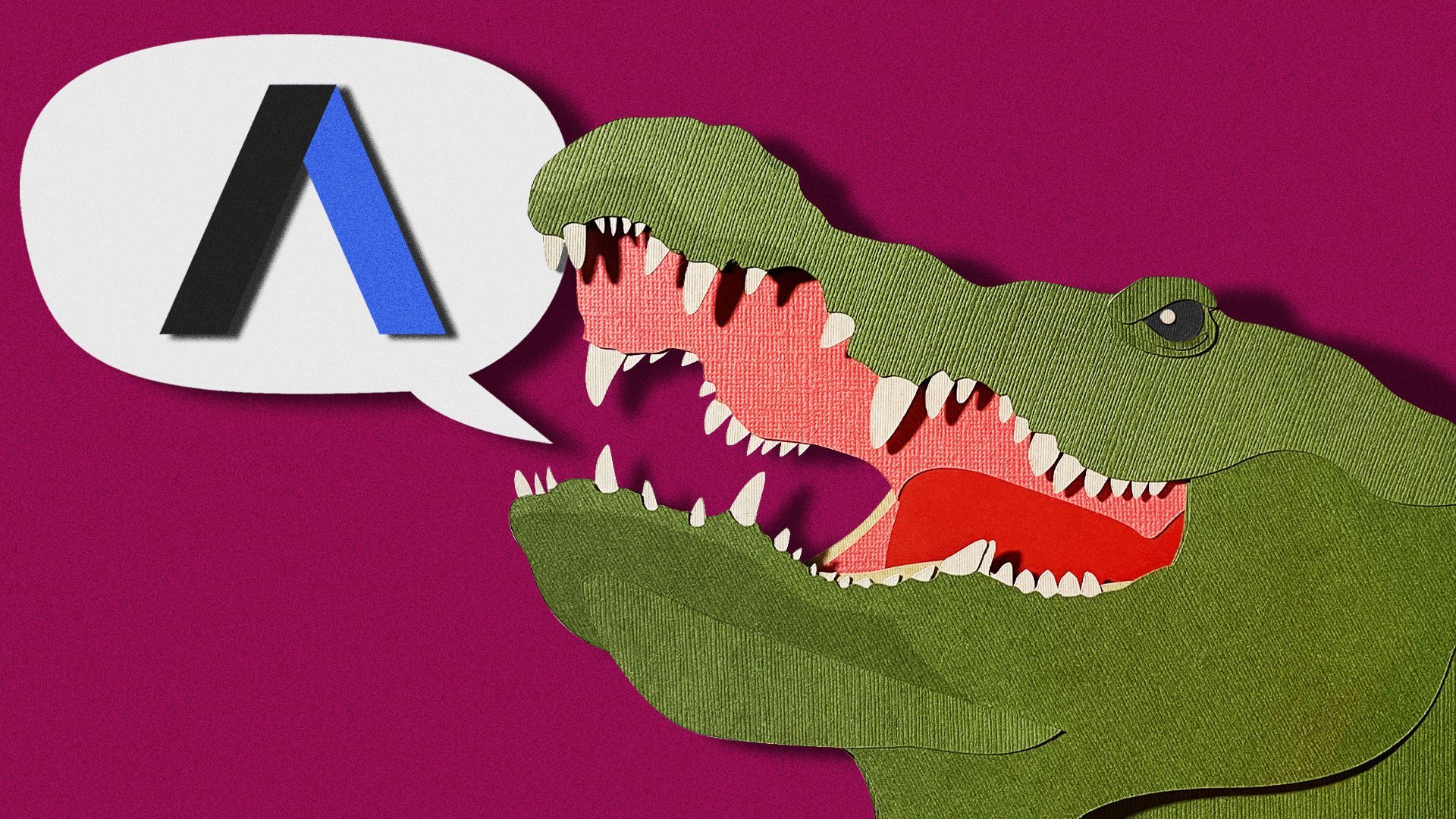 Illustration of a paper-cut alligator roaring with the Axios logo in the speech bubble.