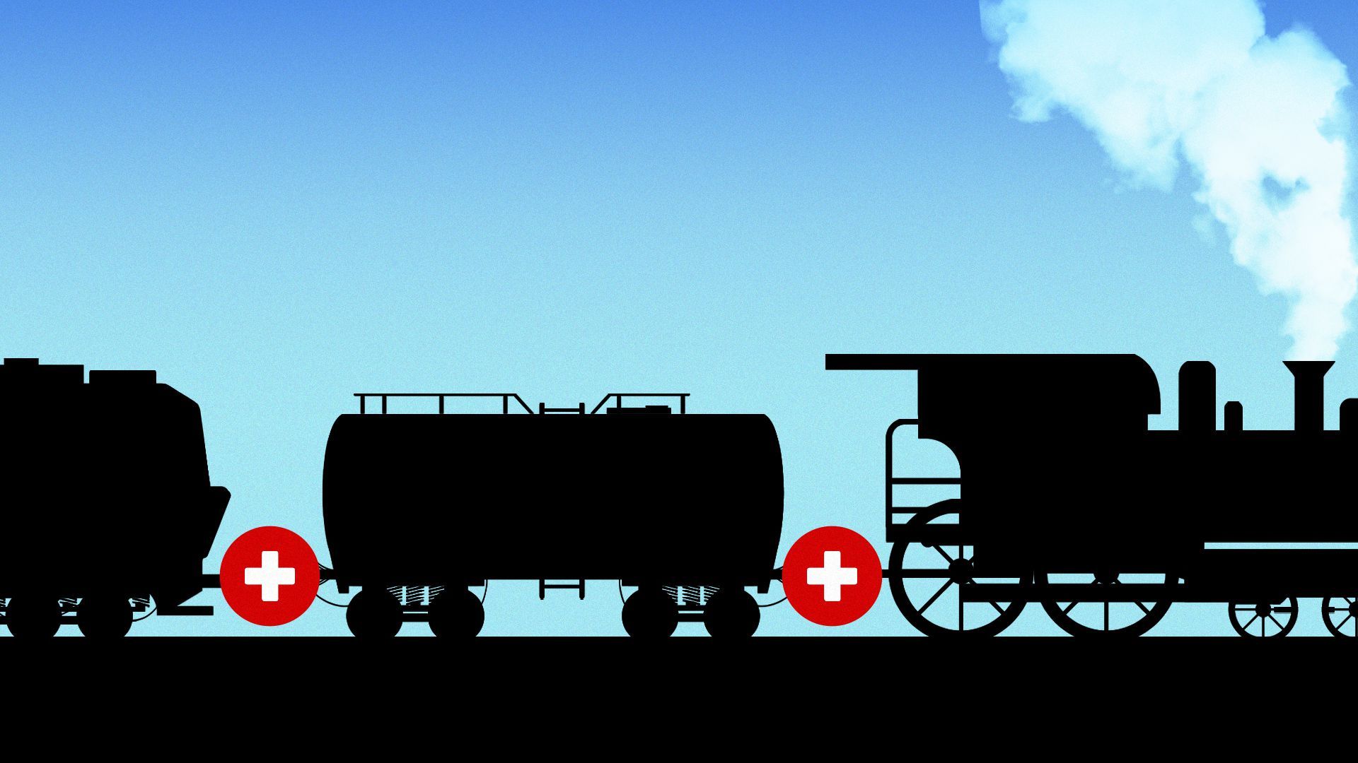 Illustration of train car silhouettes connected by red crosses.