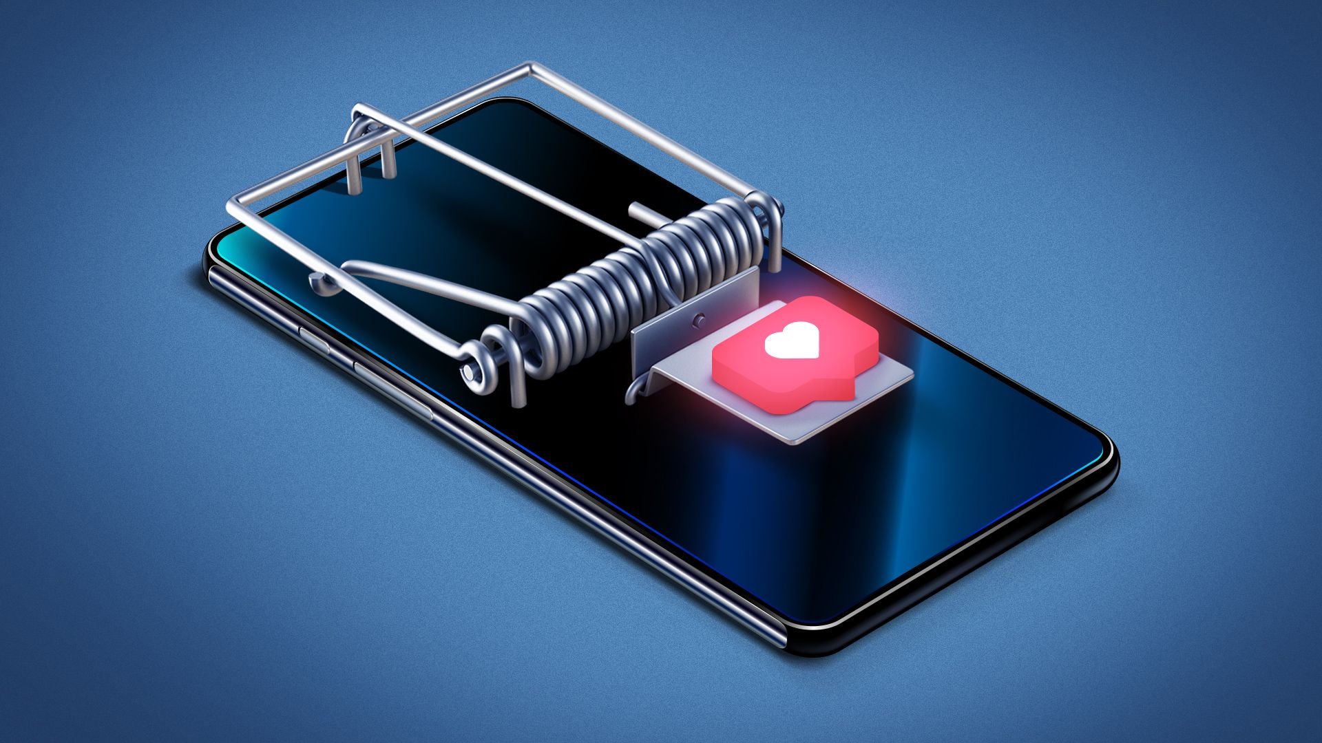 Illustration of a cell phone stylized as a mouse trap with a glowing like on the trigger. 